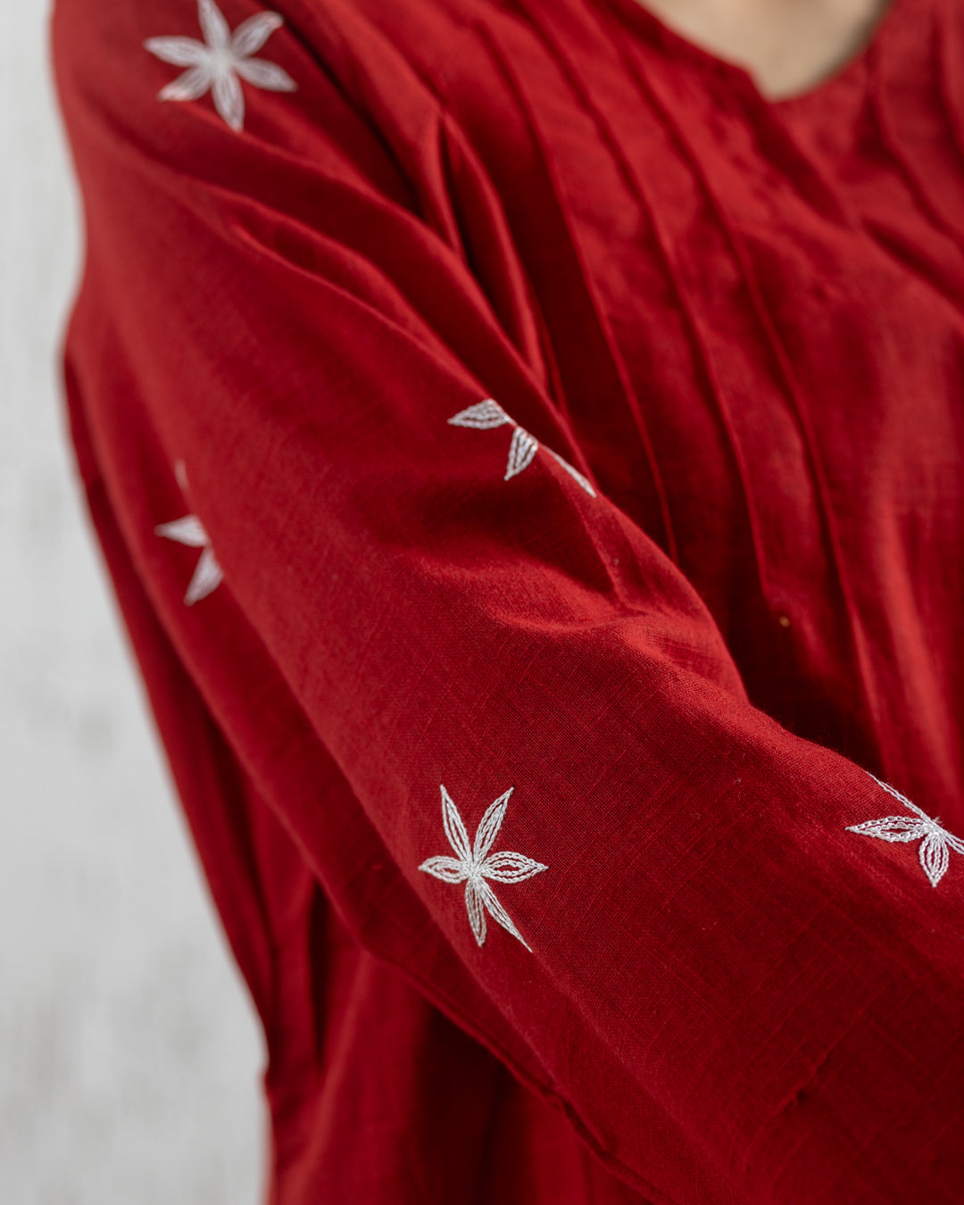 Plain Embroidery Pintuck Tunic - Red