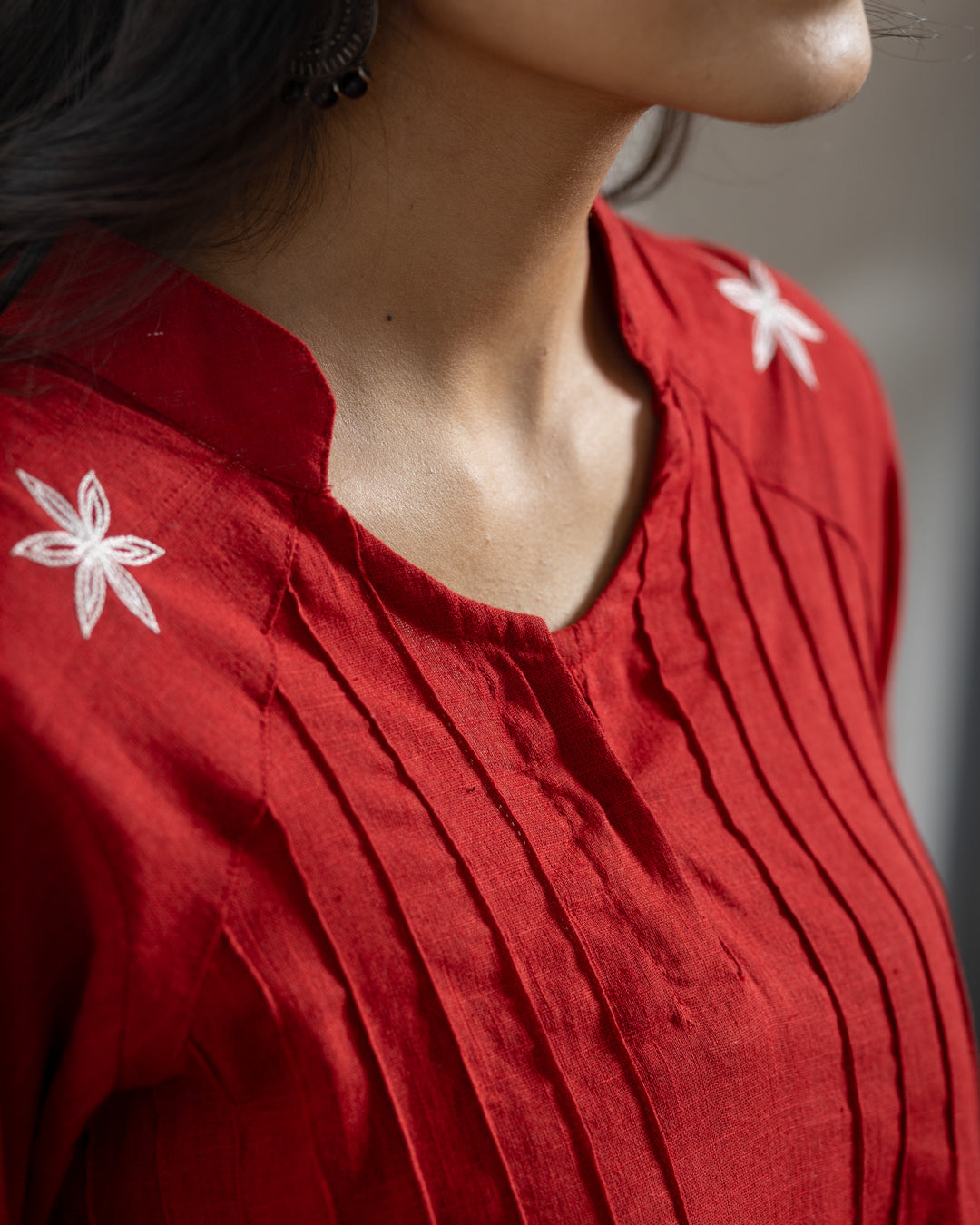 Plain Embroidery Pintuck Tunic - Red