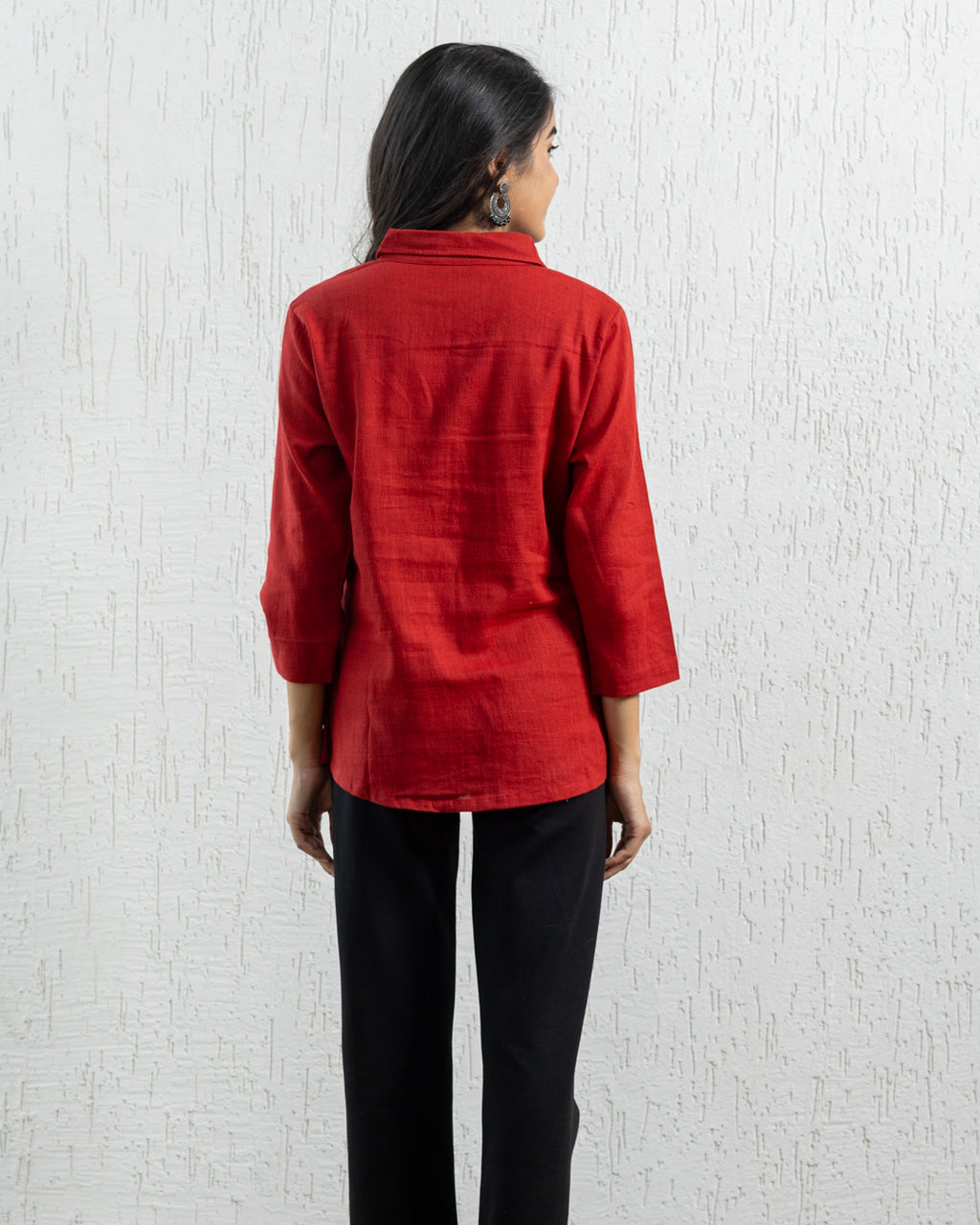 Plain Red Hanging Embroidery and Printed Pocket Shirt