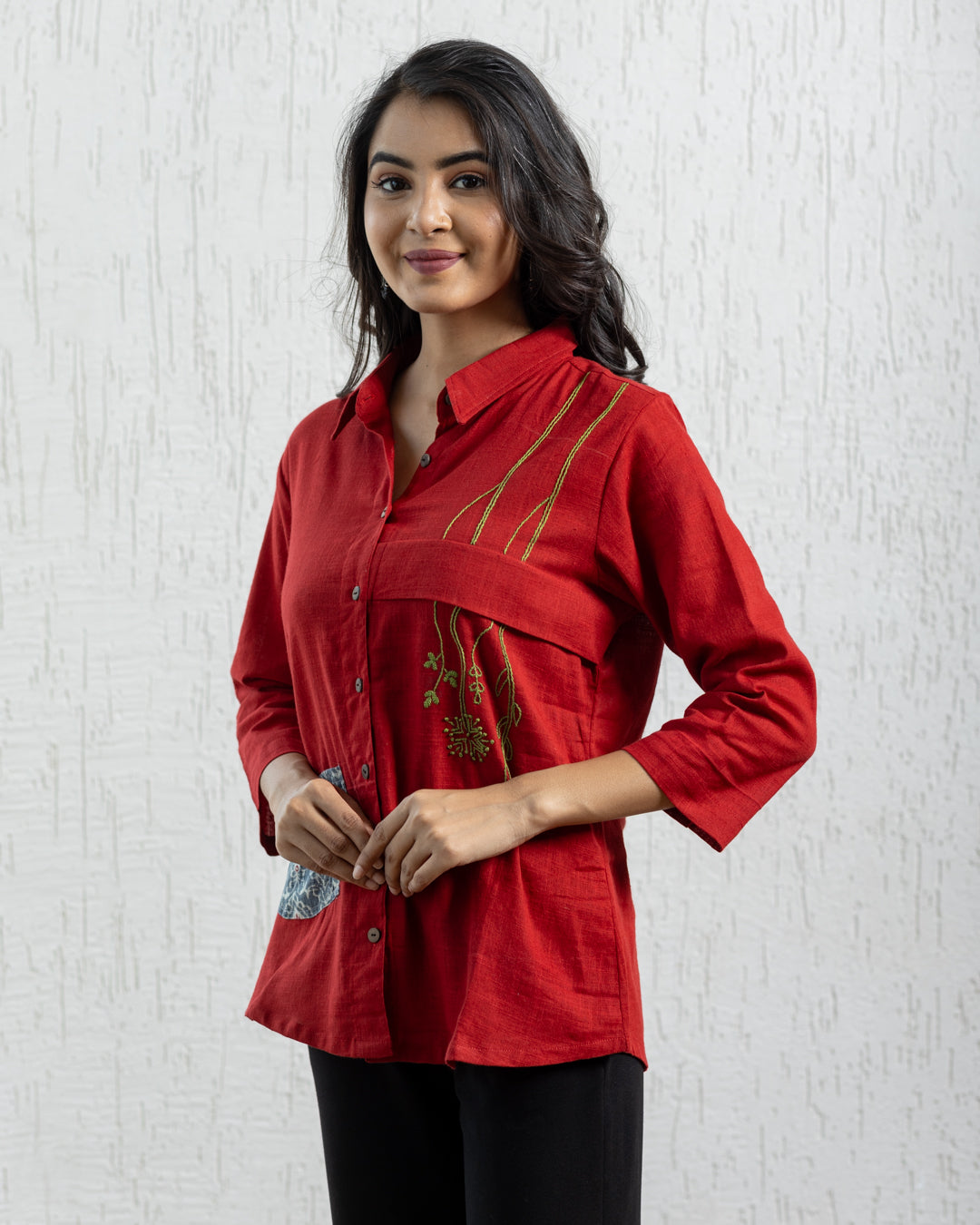 Plain Red Hanging Embroidery and Printed Pocket Shirt