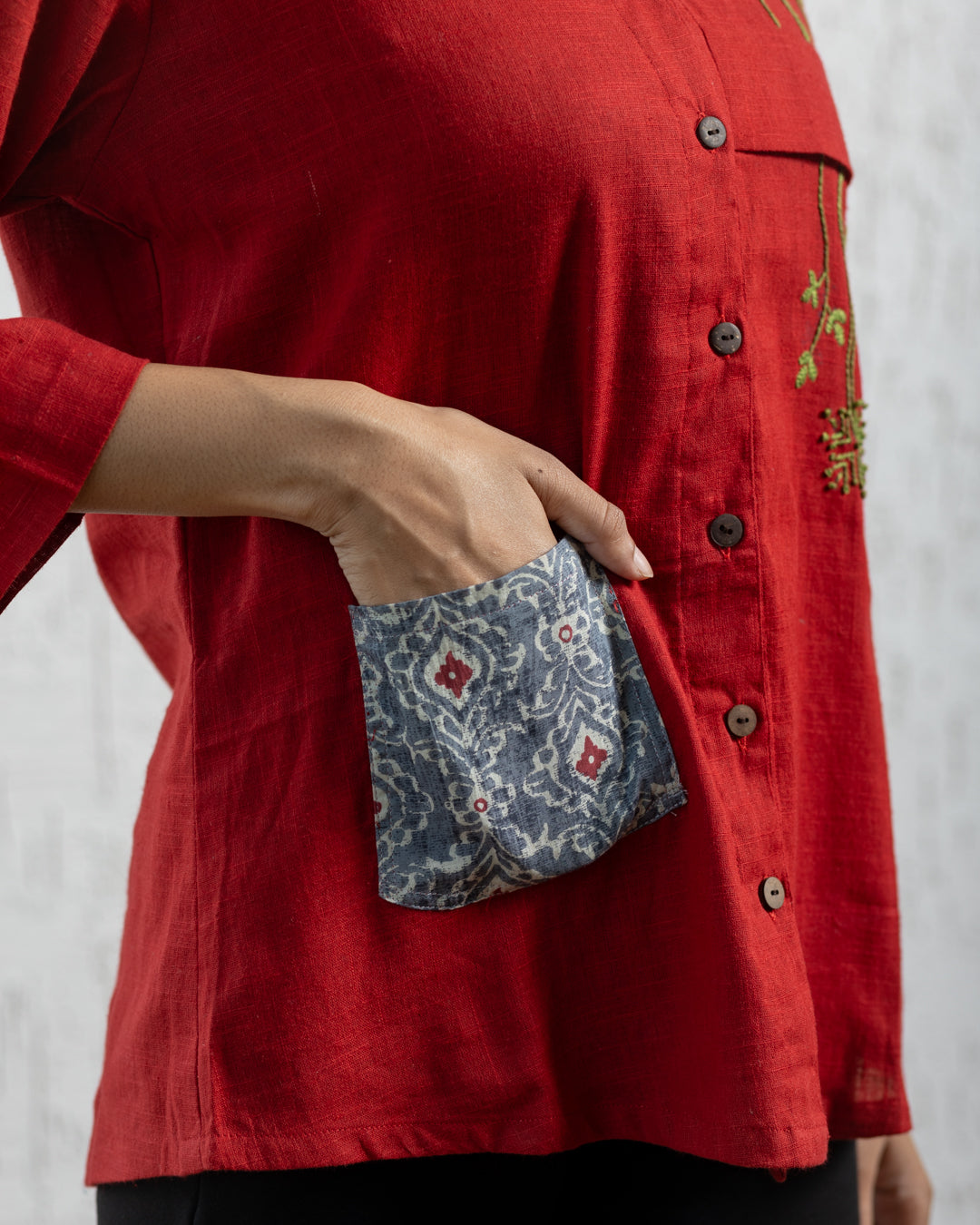 Plain Red Hanging Embroidery and Printed Pocket Shirt