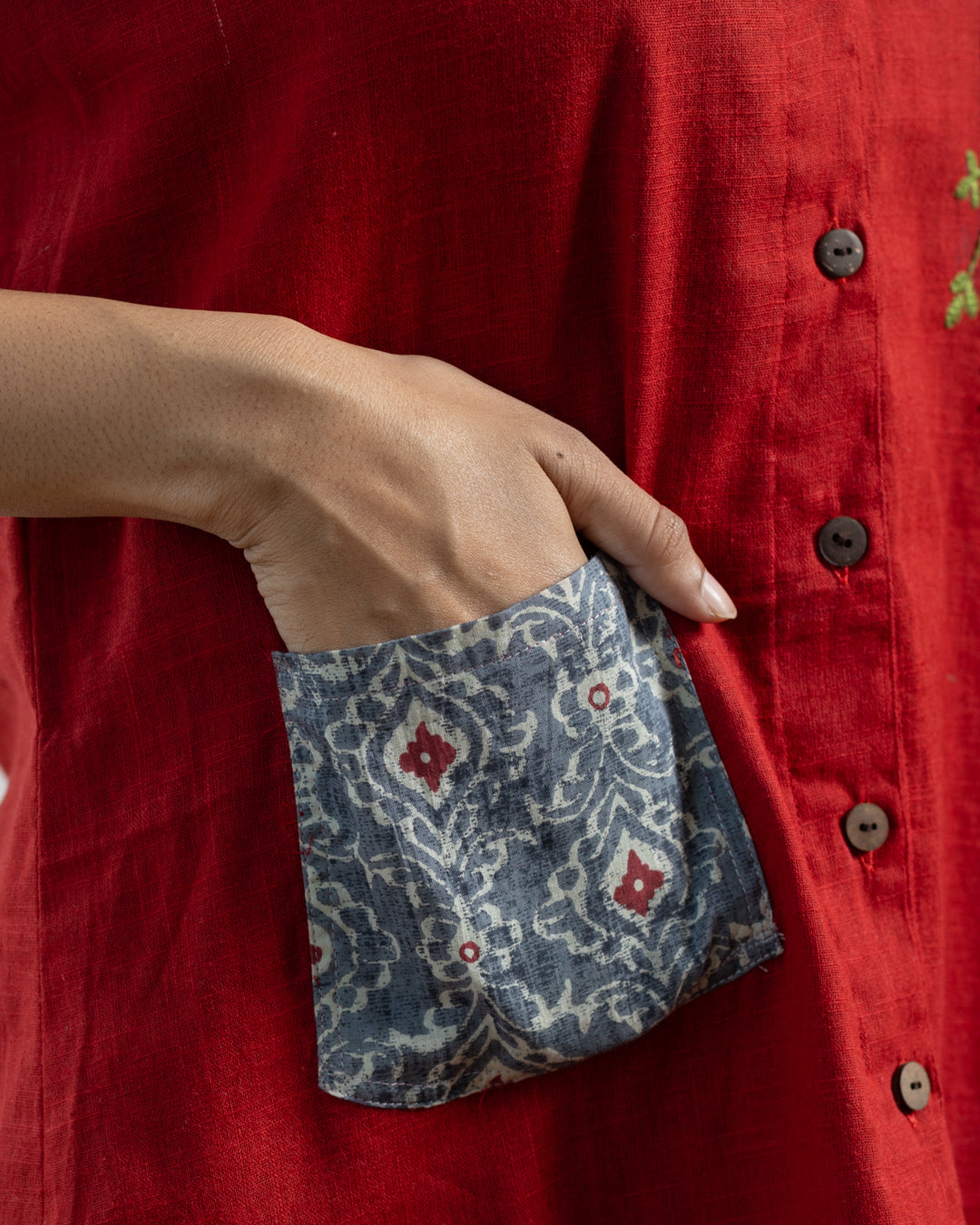 Plain Red Hanging Embroidery and Printed Pocket Shirt