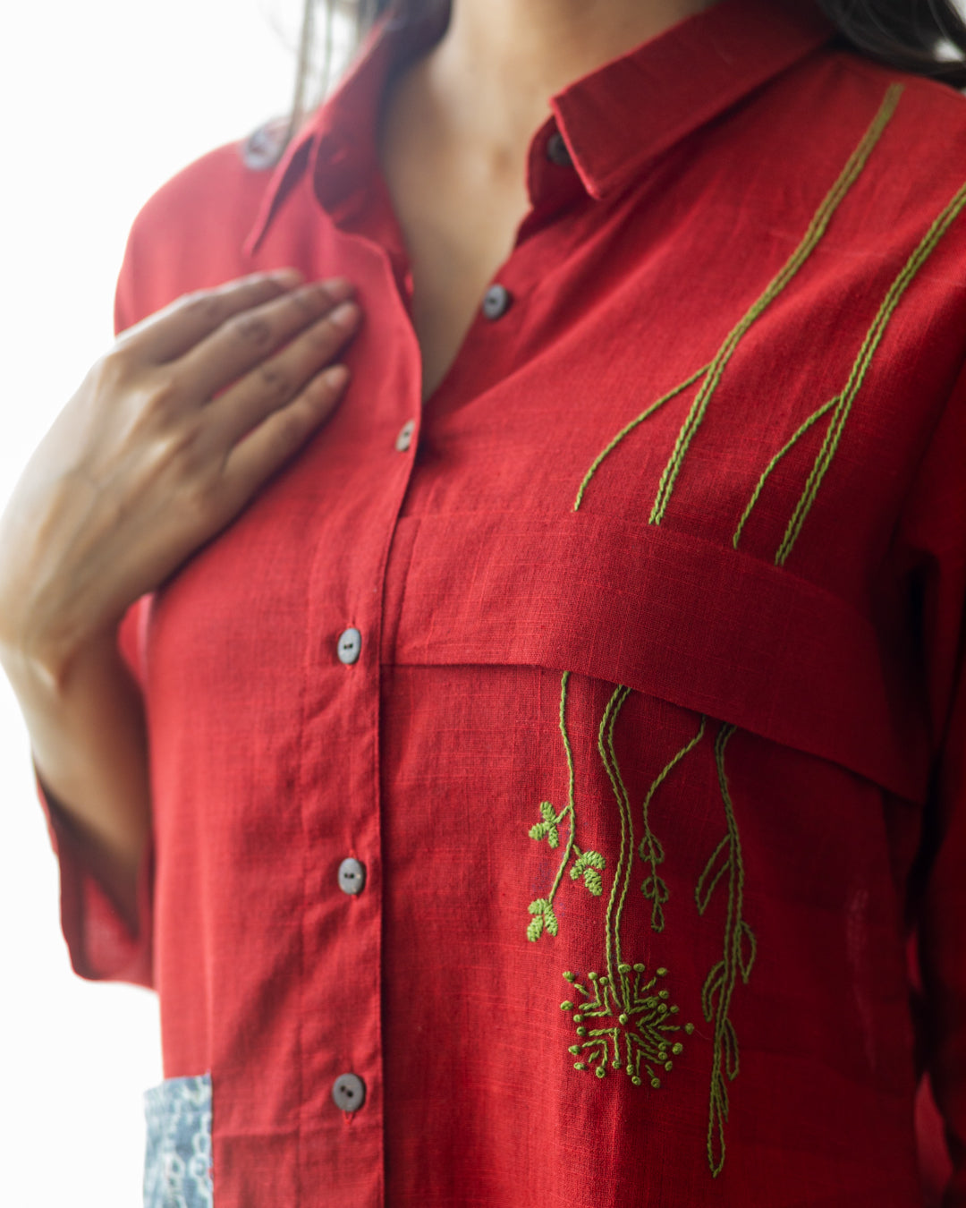 Plain Red Hanging Embroidery and Printed Pocket Shirt