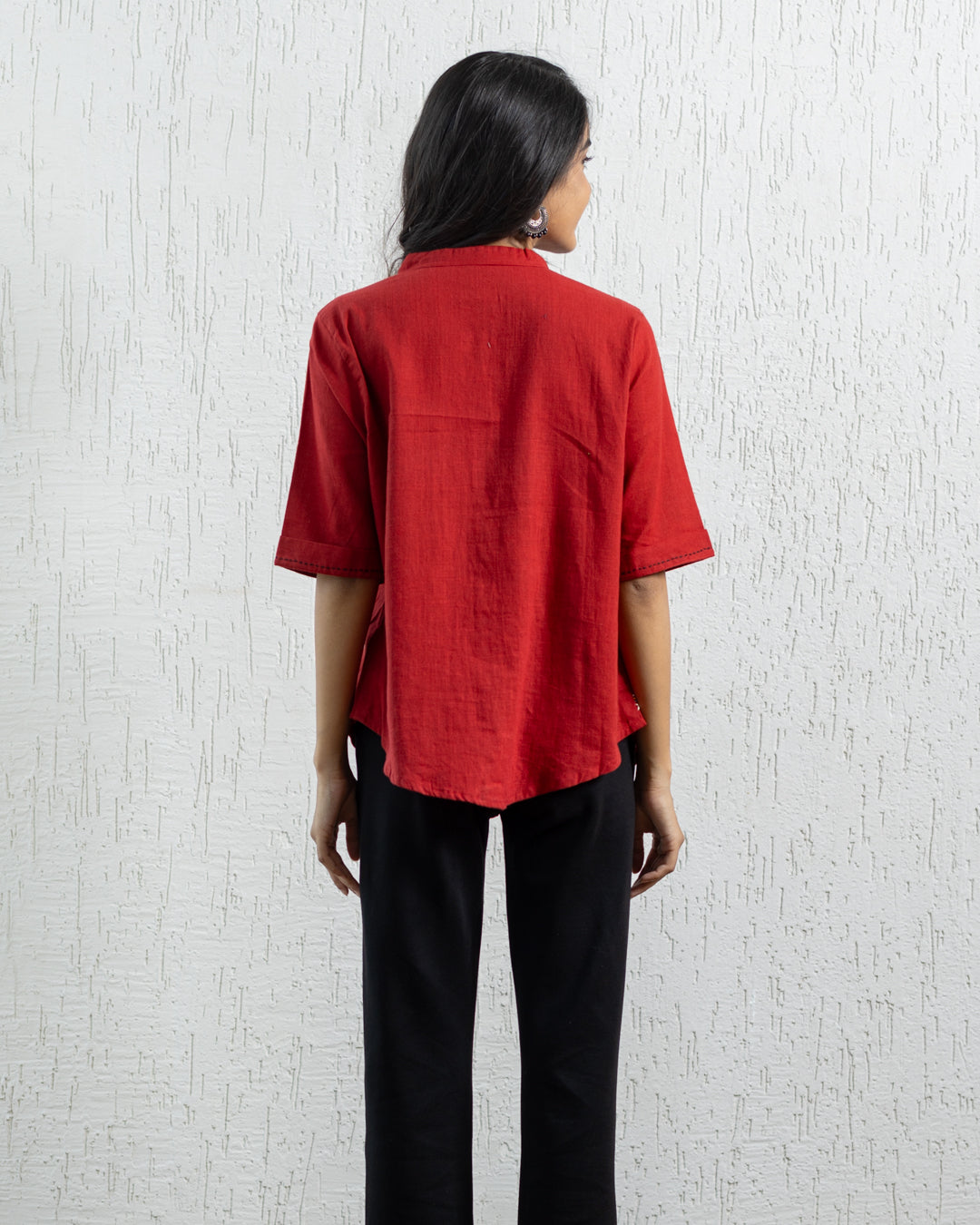Plain Red Zigzag Embroidery Shirt