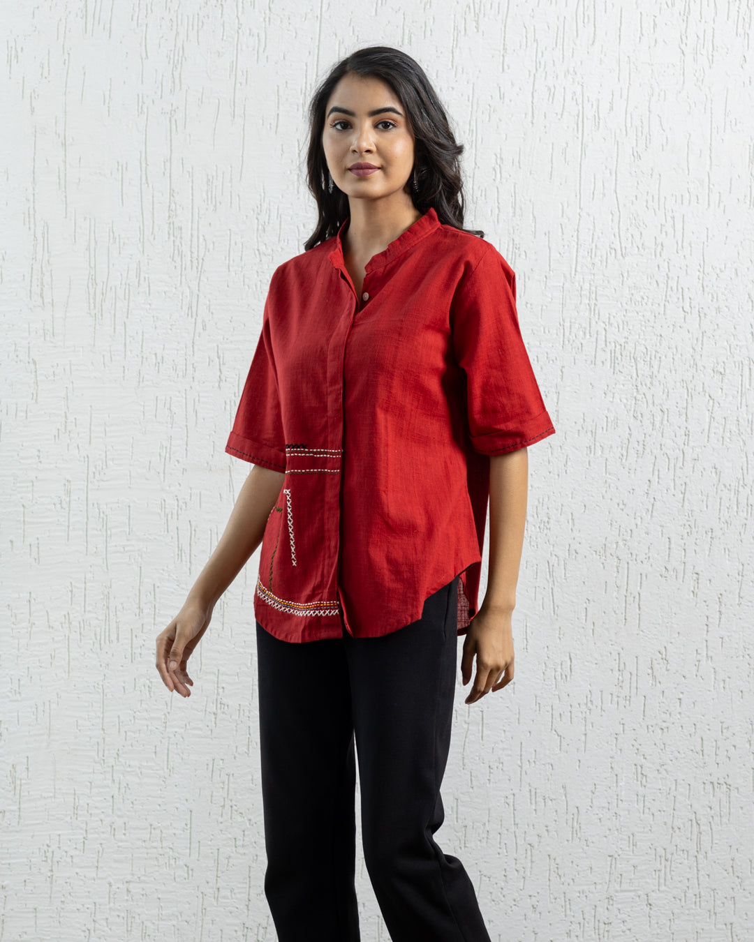 Plain Red Zigzag Embroidery Shirt
