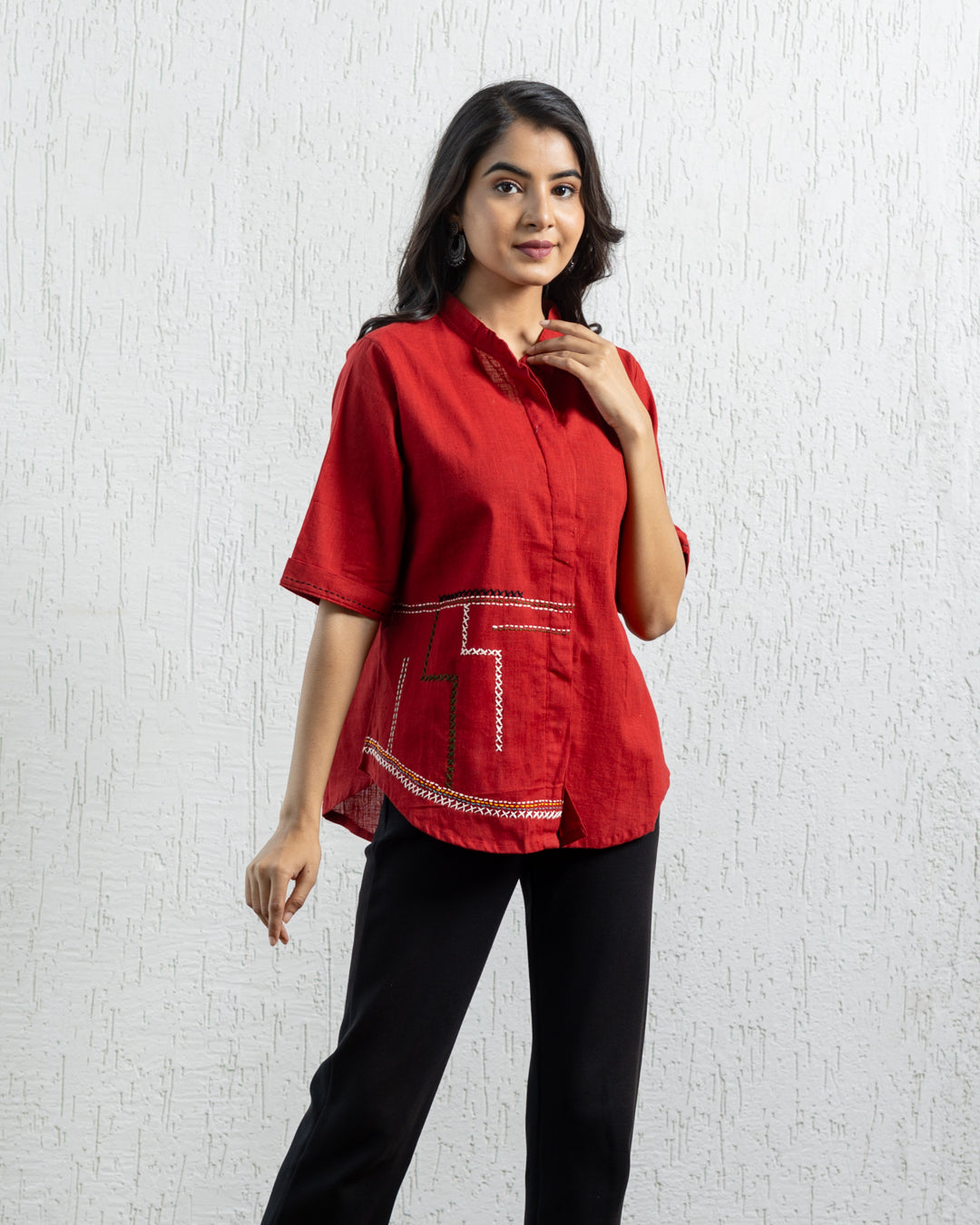 Plain Red Zigzag Embroidery Shirt