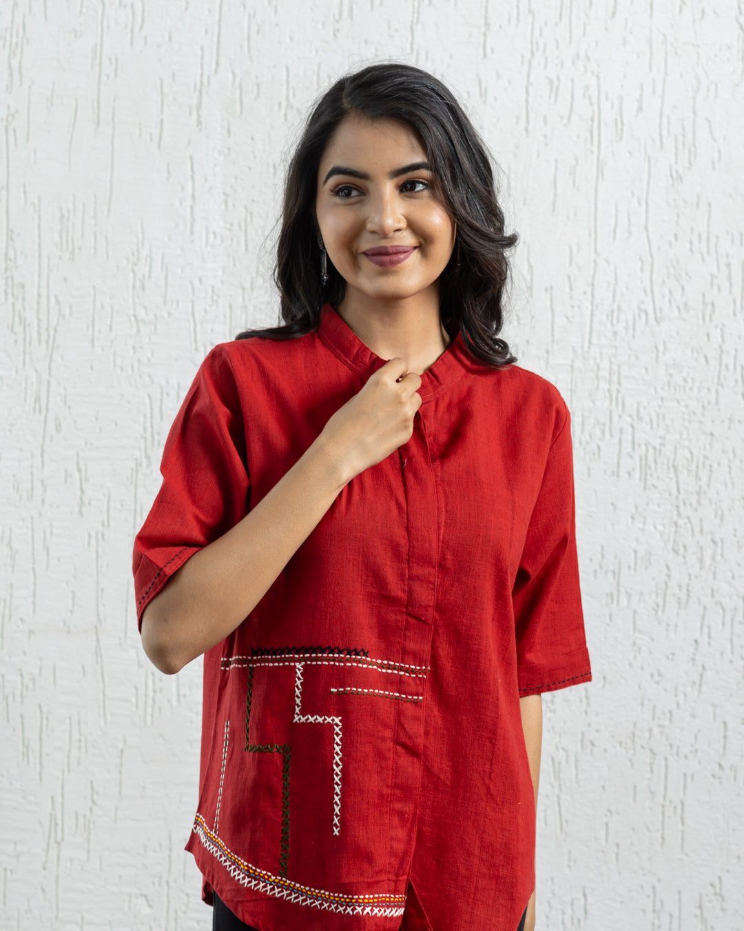 Plain Red Zigzag Embroidery Shirt