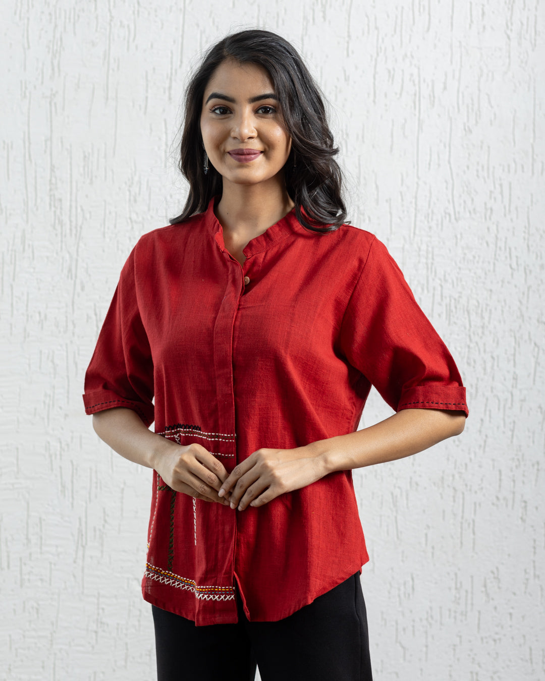 Plain Red Zigzag Embroidery Shirt