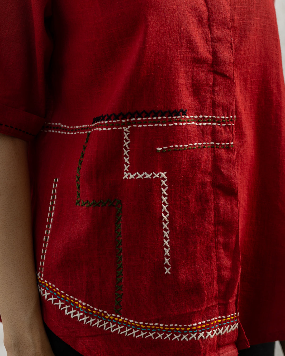 Plain Red Zigzag Embroidery Shirt