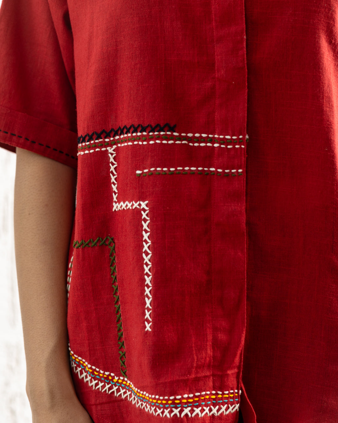 Plain Red Zigzag Embroidery Shirt