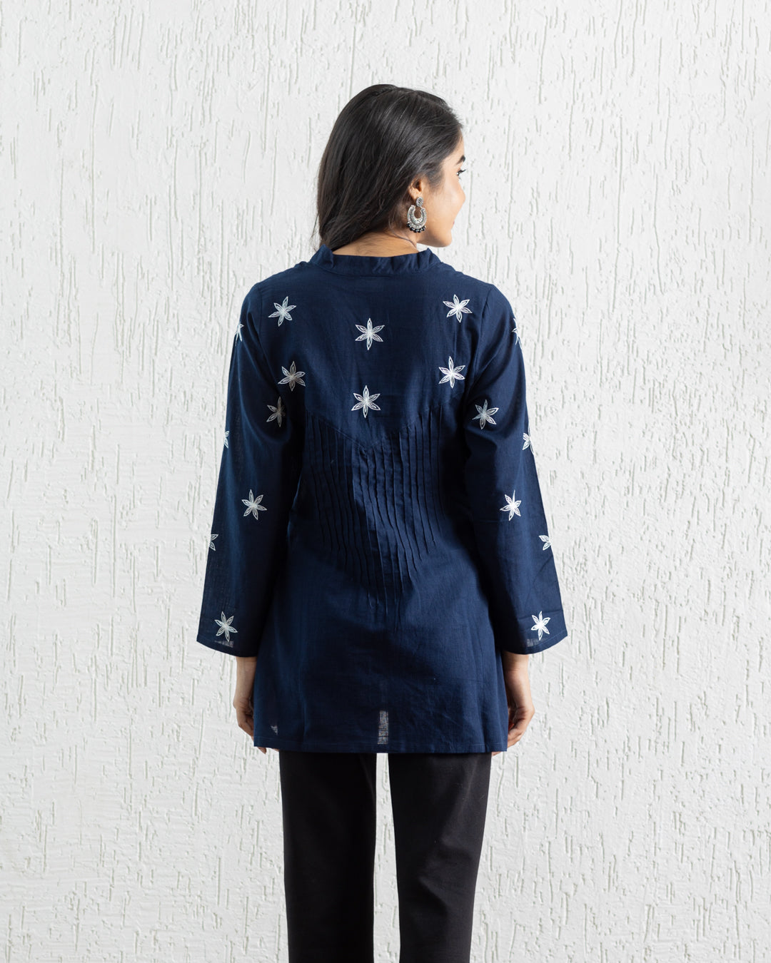 Plain Embroidery Pintuck Tunic - Navy Blue