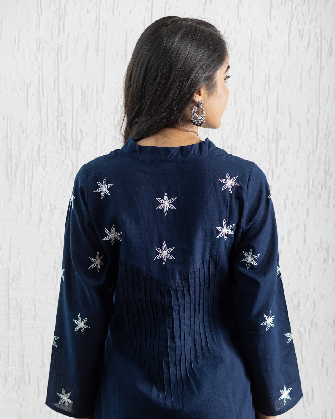 Plain Embroidery Pintuck Tunic - Navy Blue
