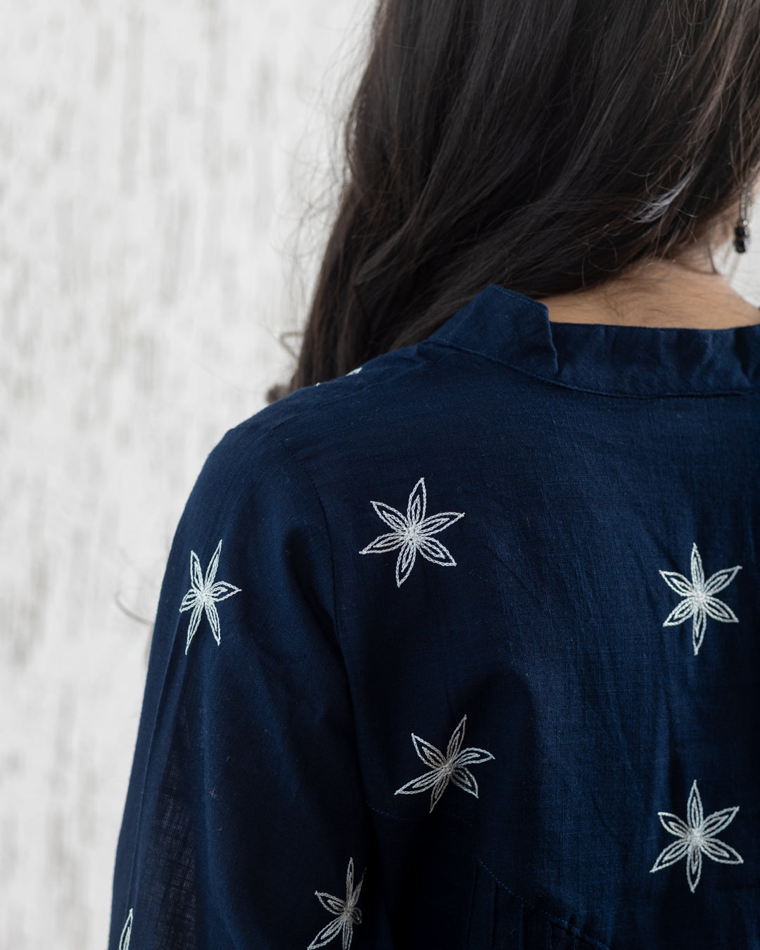 Plain Embroidery Pintuck Tunic - Navy Blue