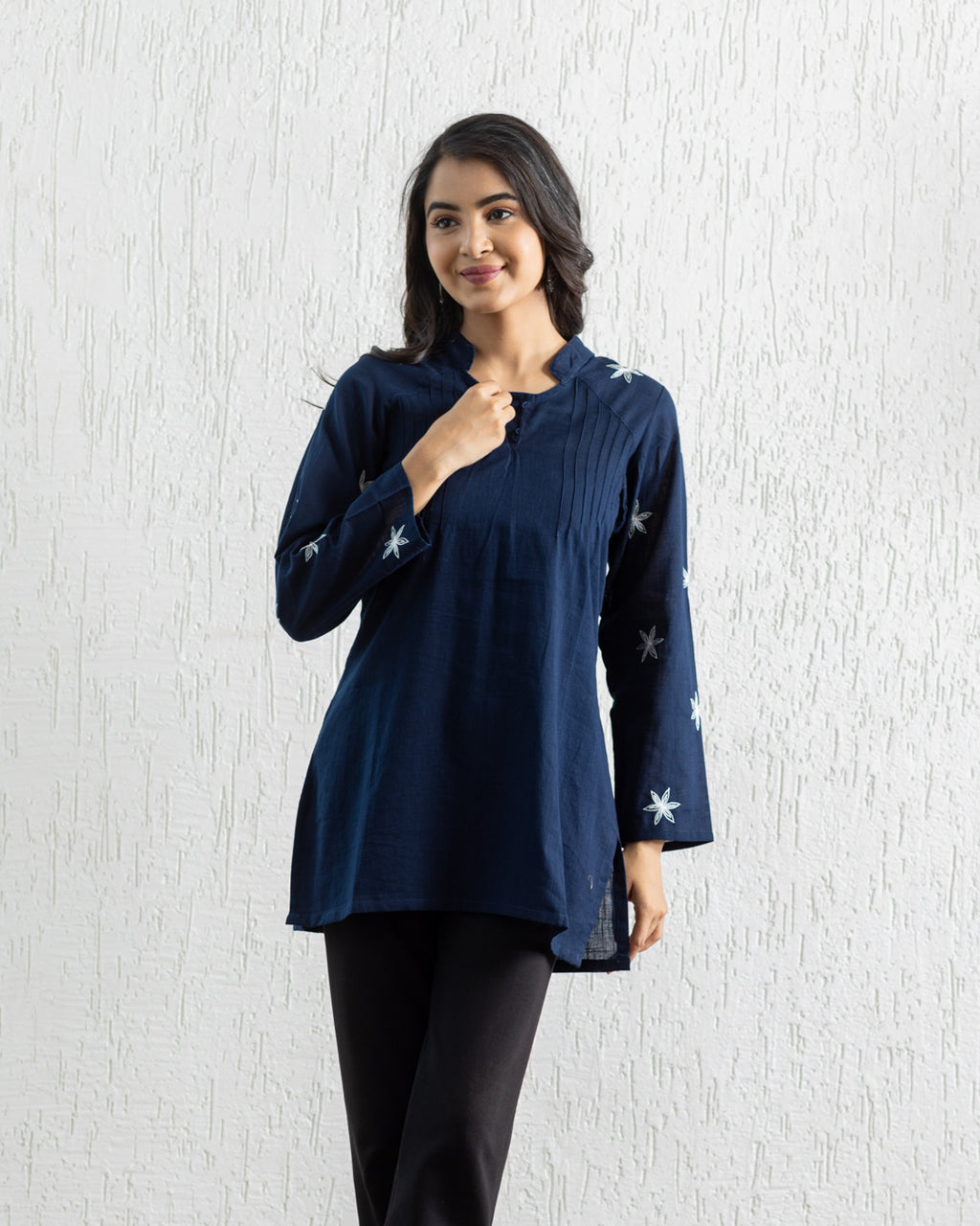 Plain Embroidery Pintuck Tunic - Navy Blue