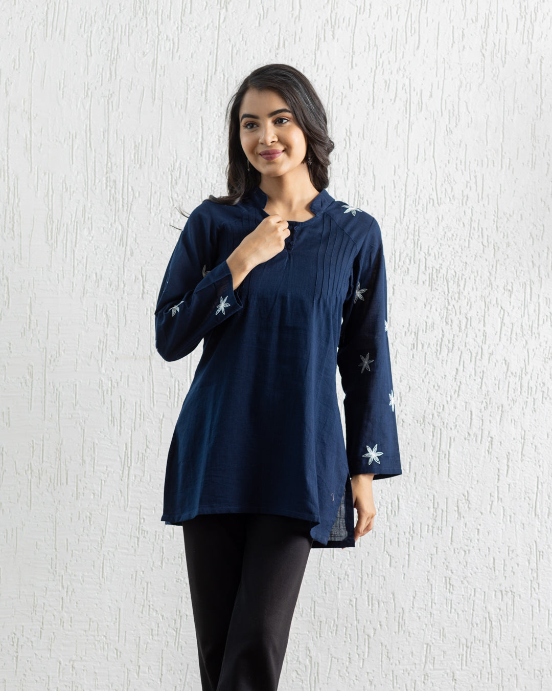 Plain Embroidery Pintuck Tunic - Navy Blue