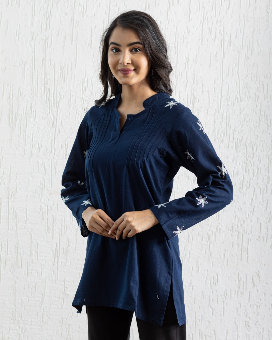 Plain Embroidery Pintuck Tunic - Navy Blue
