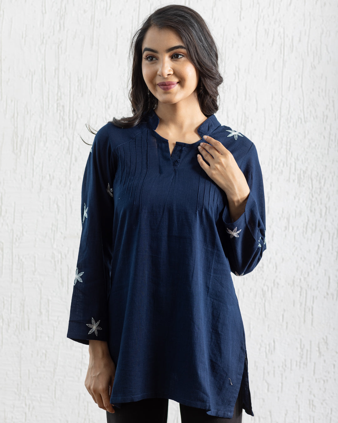 Plain Embroidery Pintuck Tunic - Navy Blue