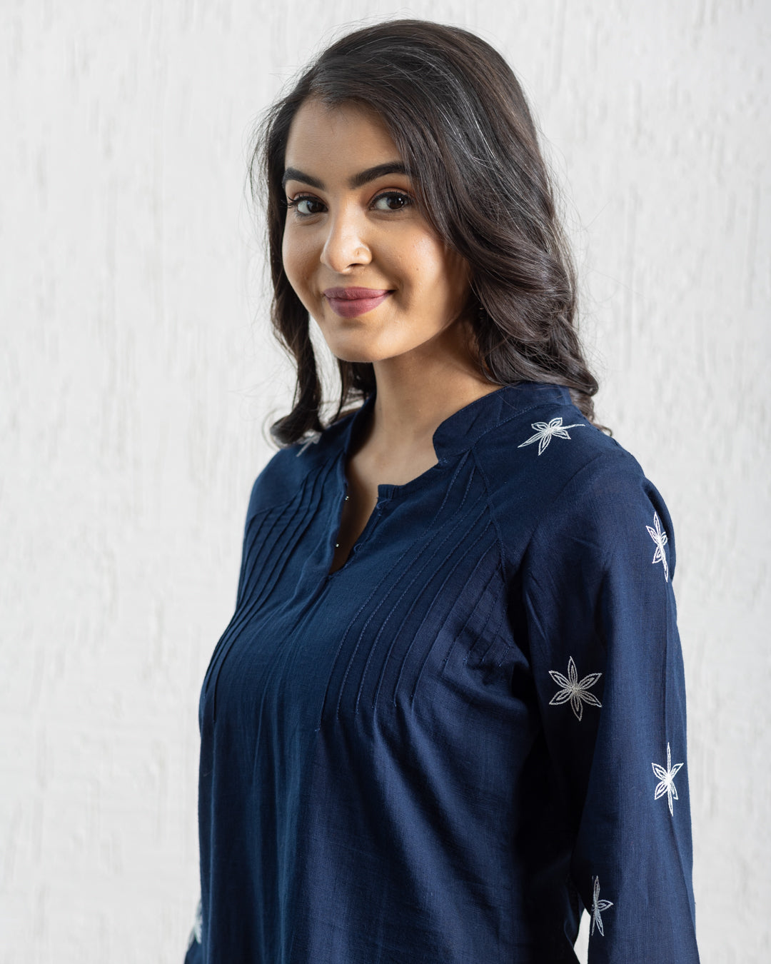 Plain Embroidery Pintuck Tunic - Navy Blue