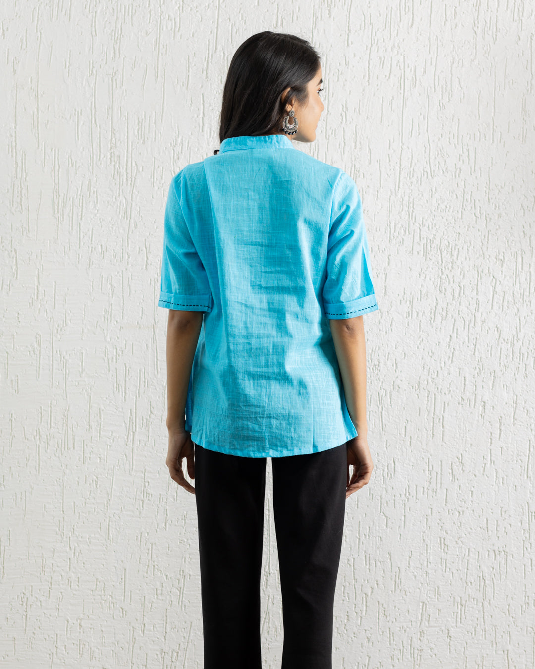 Plain Blue Zigzag Embroidery Shirt