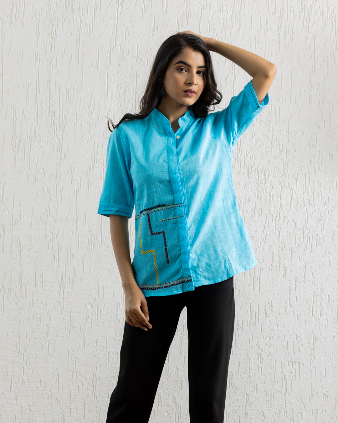 Plain Blue Zigzag Embroidery Shirt