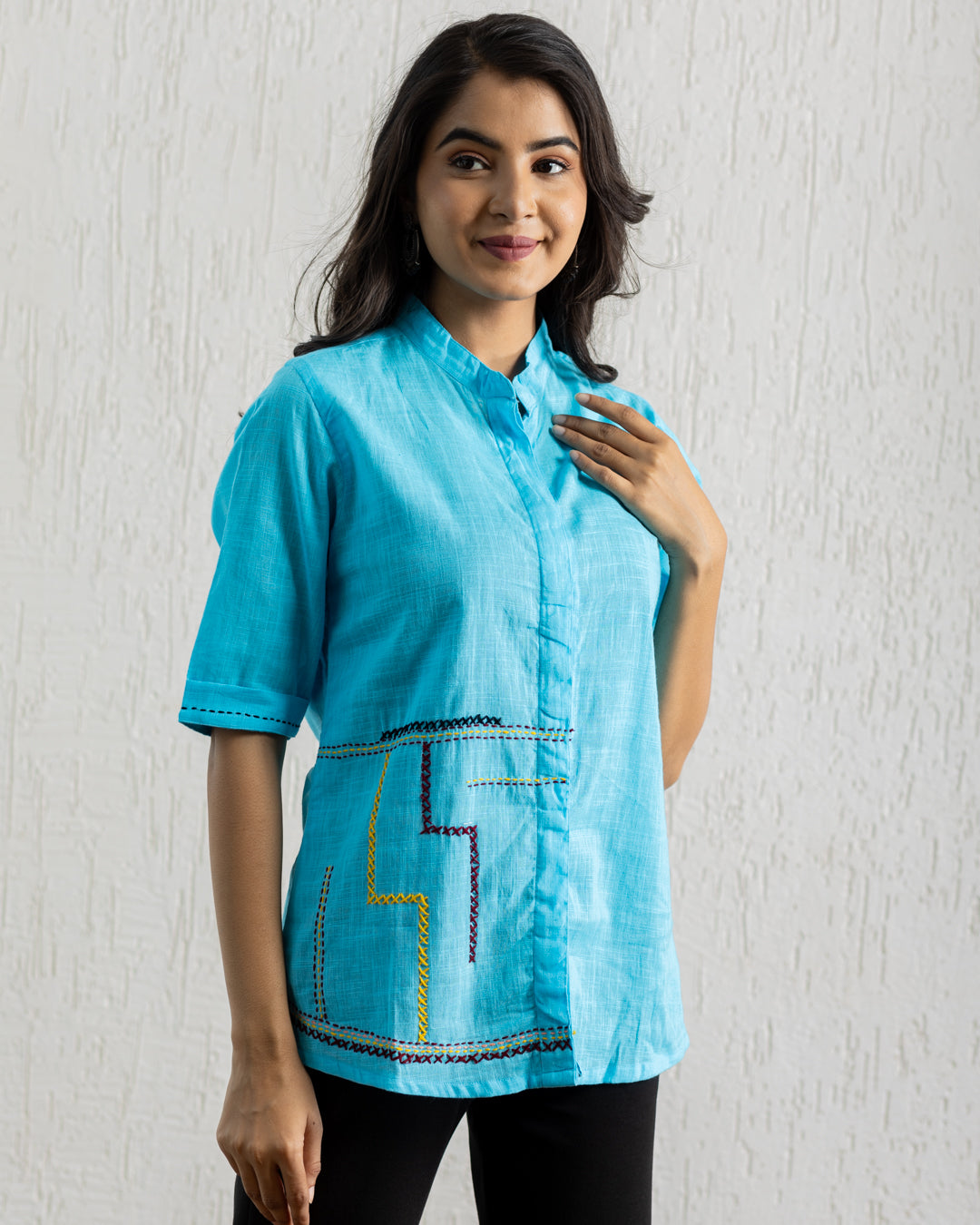 Plain Blue Zigzag Embroidery Shirt