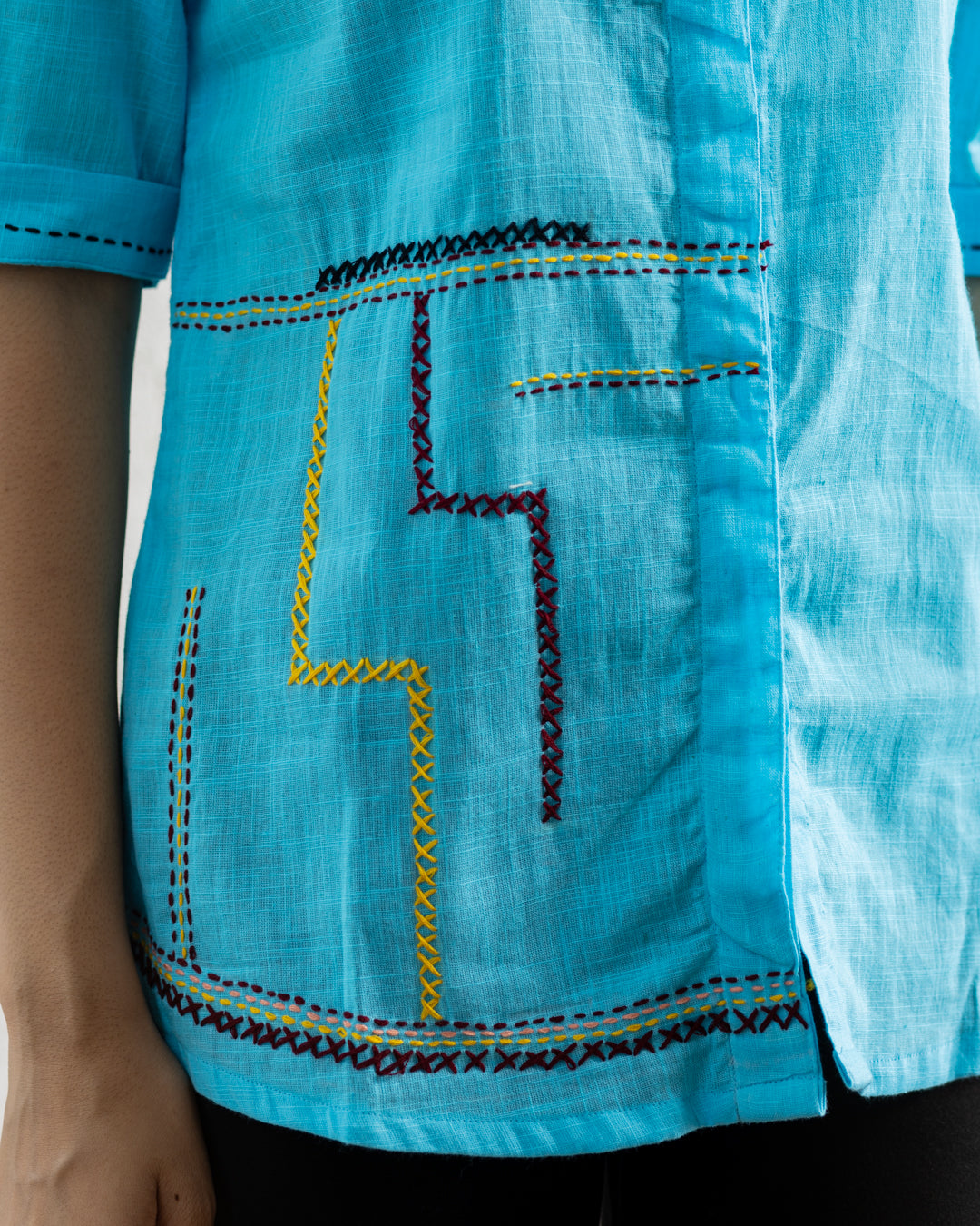 Plain Blue Zigzag Embroidery Shirt