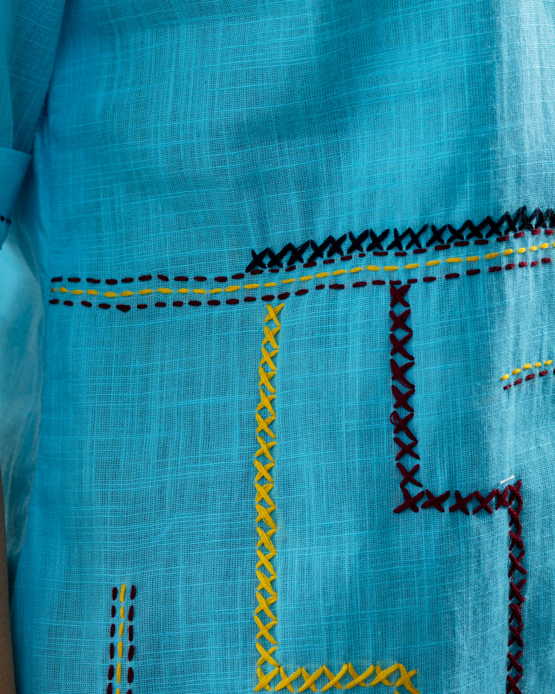Plain Blue Zigzag Embroidery Shirt