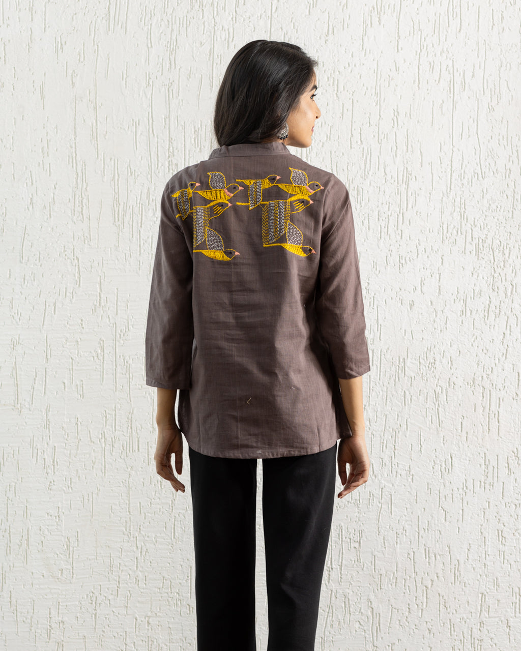 Plain Brown Bird Embroidery Shirt