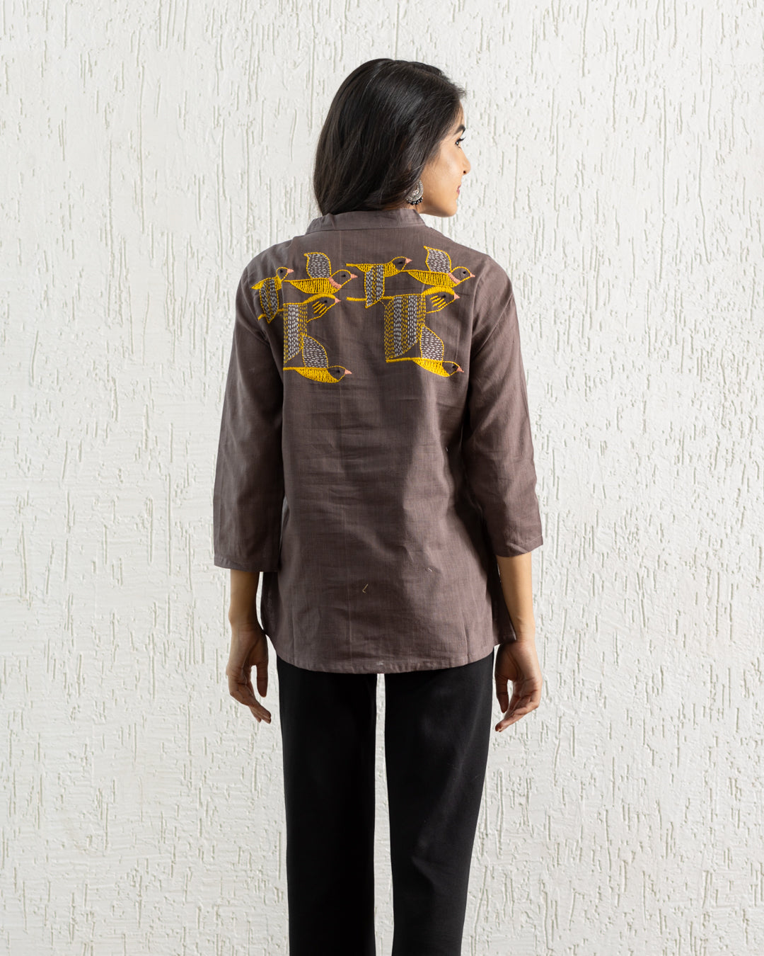 Plain Brown Bird Embroidery Shirt
