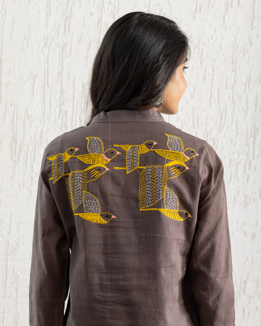 Plain Brown Bird Embroidery Shirt