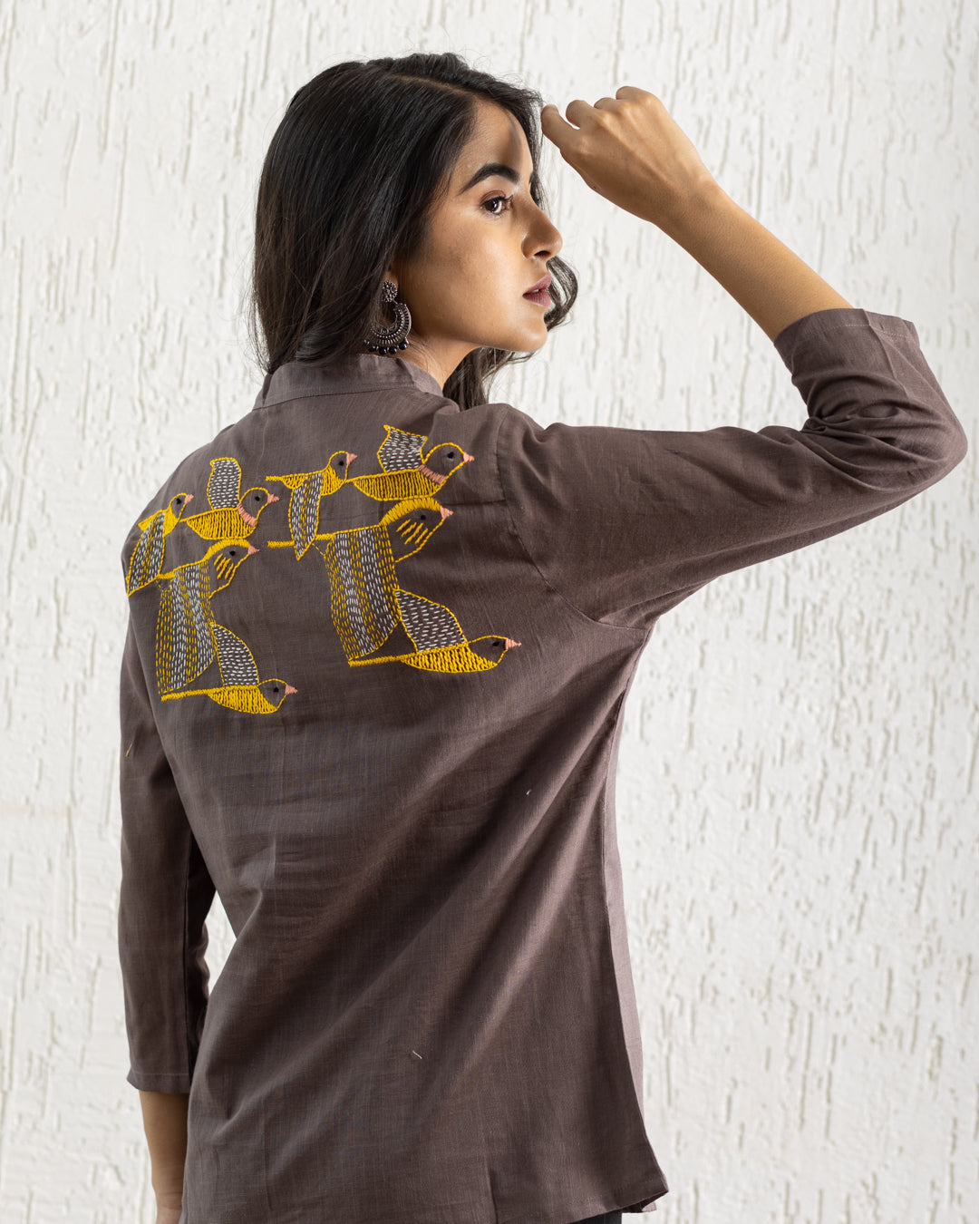 Plain Brown Bird Embroidery Shirt