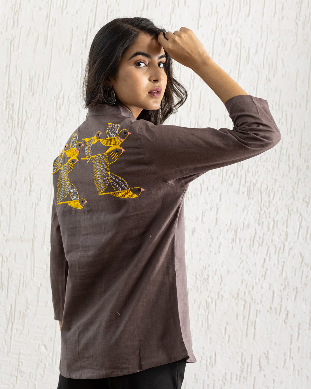 Plain Brown Bird Embroidery Shirt