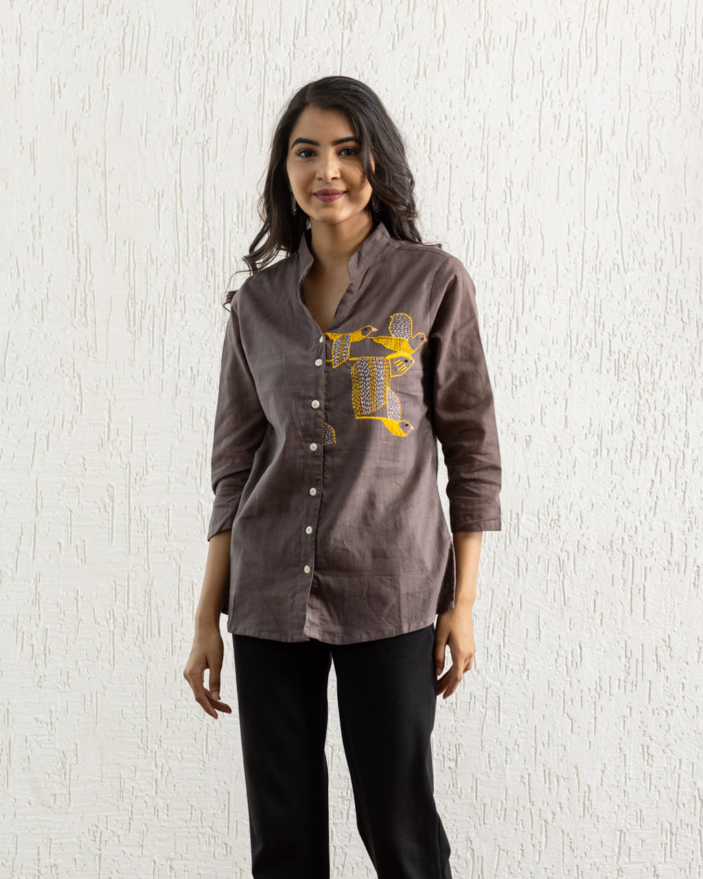 Plain Brown Bird Embroidery Shirt