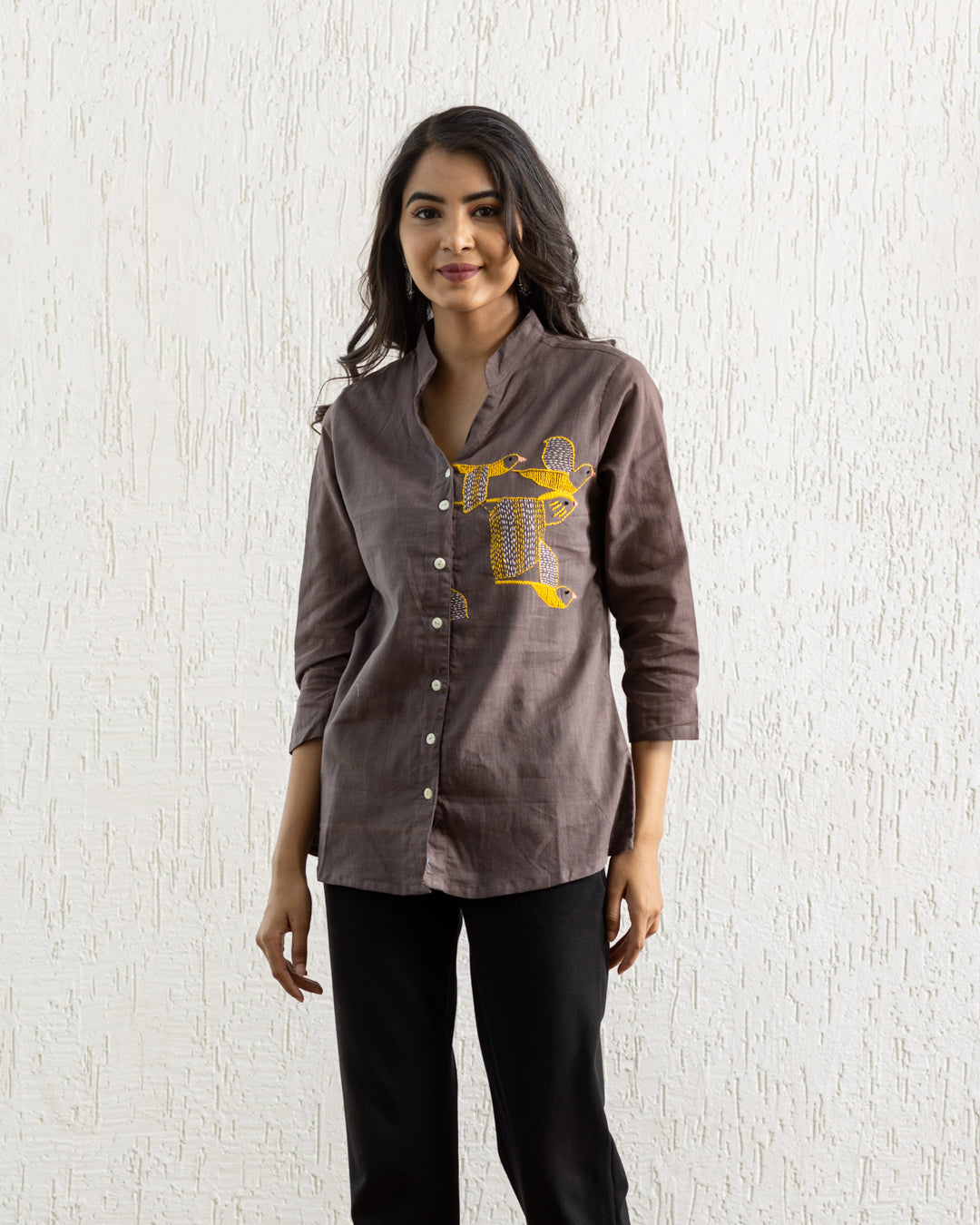 Plain Brown Bird Embroidery Shirt