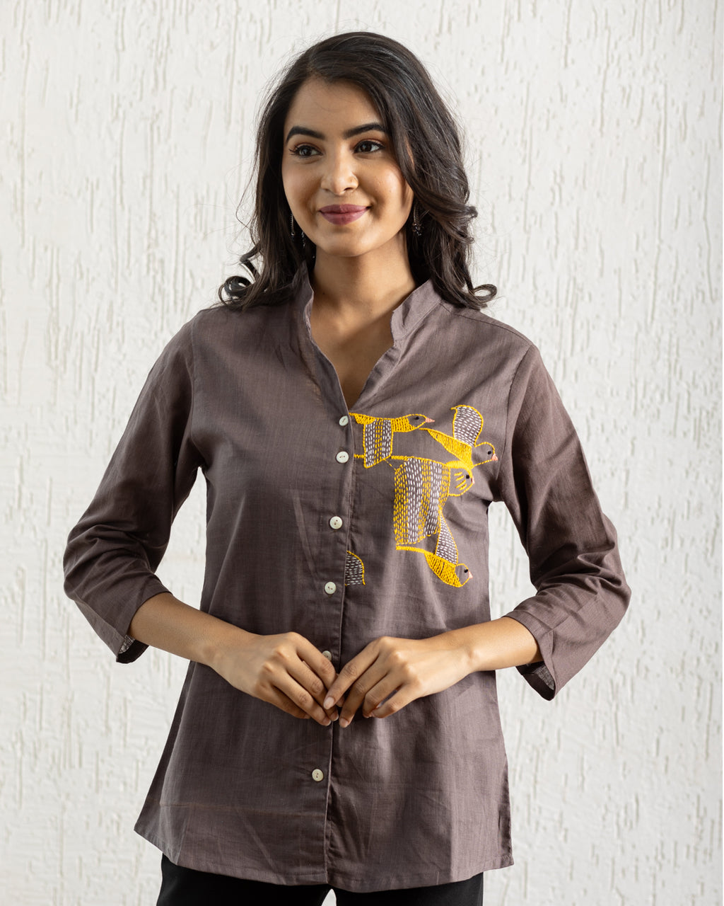 Plain Brown Bird Embroidery Shirt