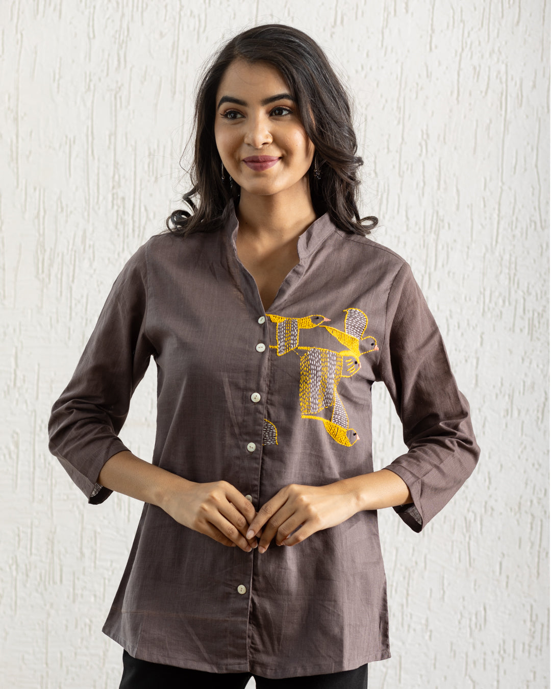 Plain Brown Bird Embroidery Shirt