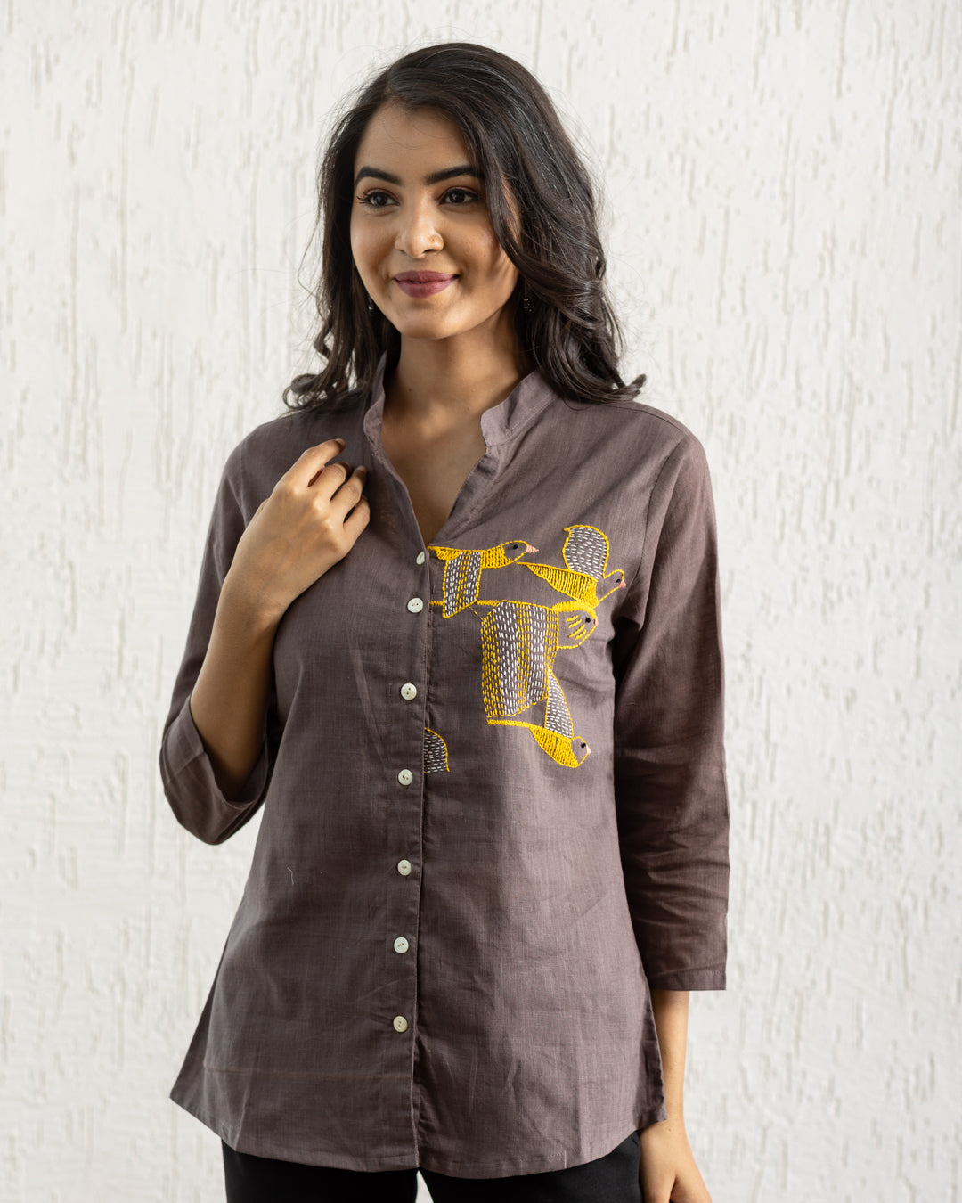 Plain Brown Bird Embroidery Shirt