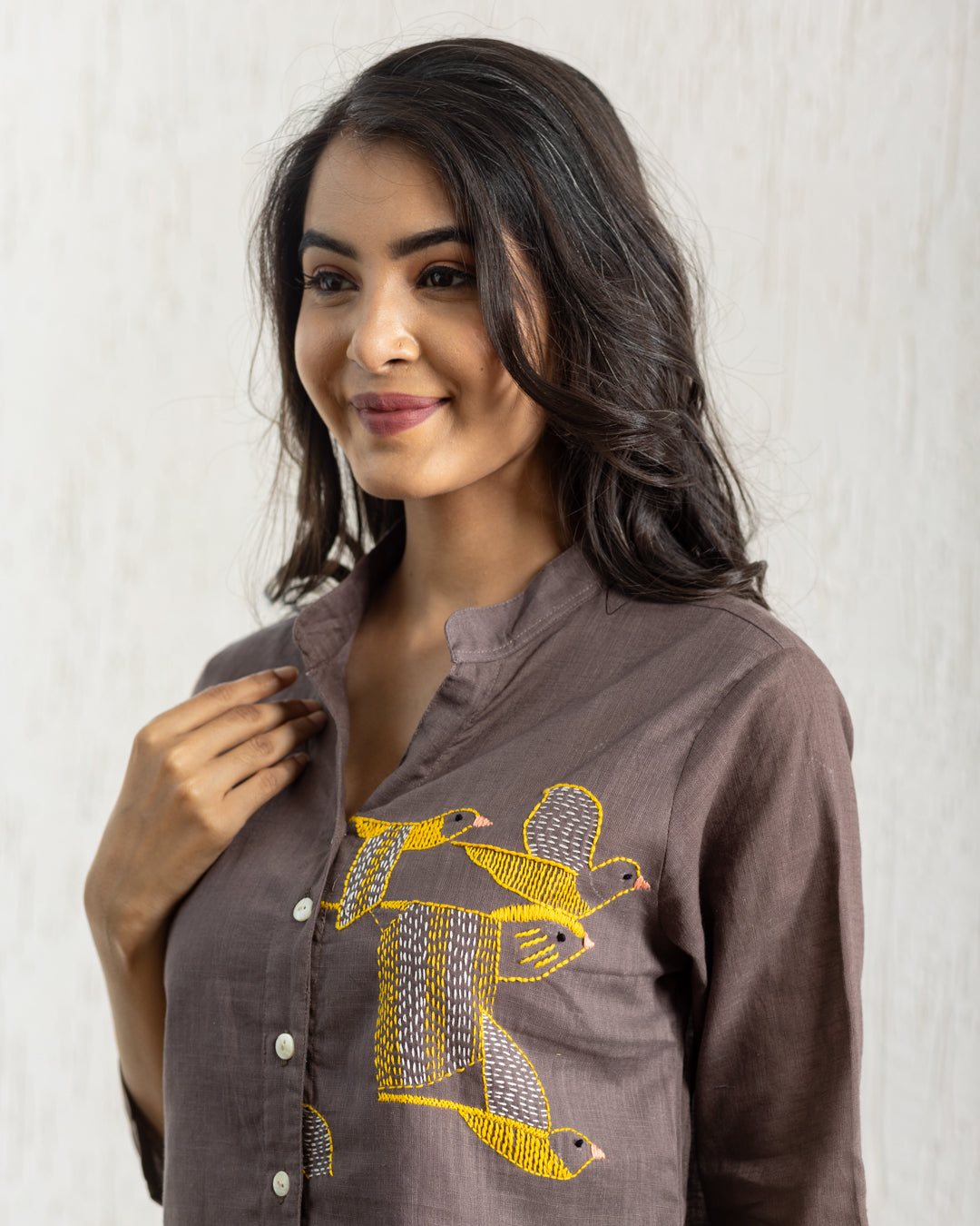 Plain Brown Bird Embroidery Shirt