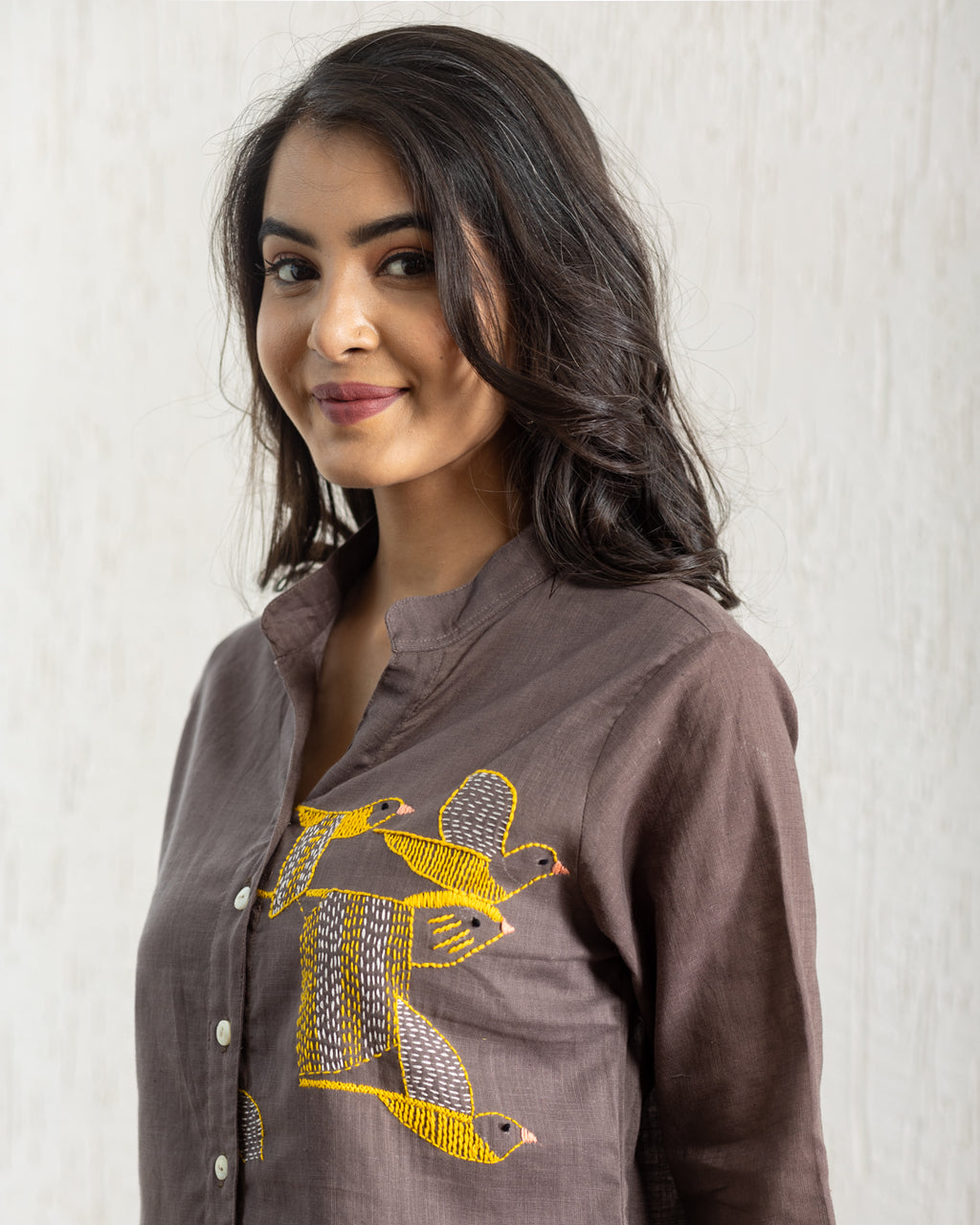 Plain Brown Bird Embroidery Shirt