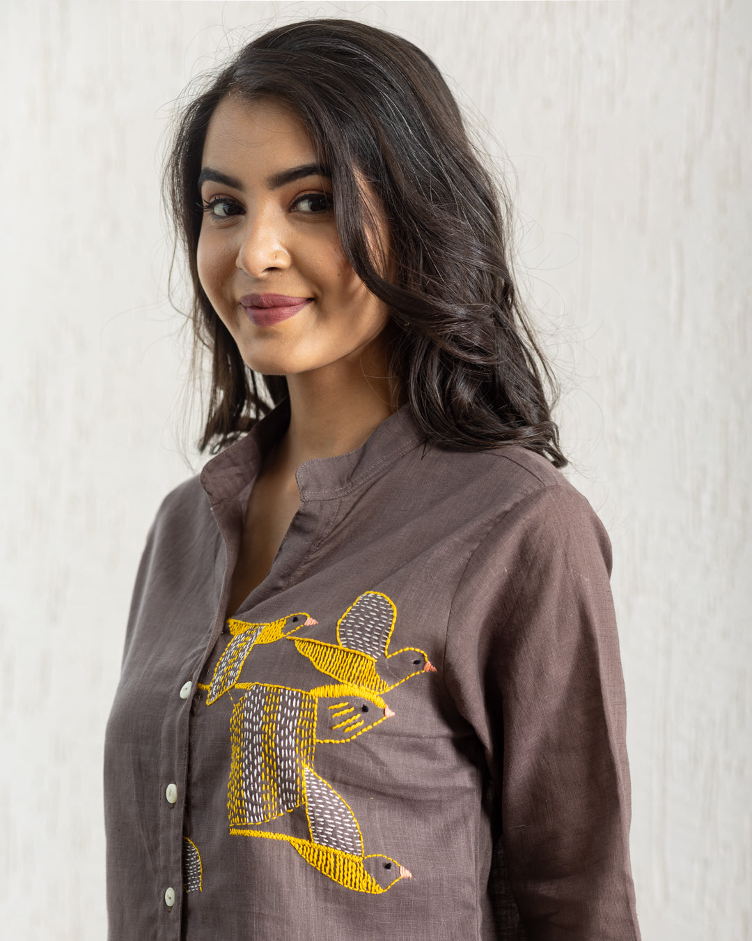 Plain Brown Bird Embroidery Shirt