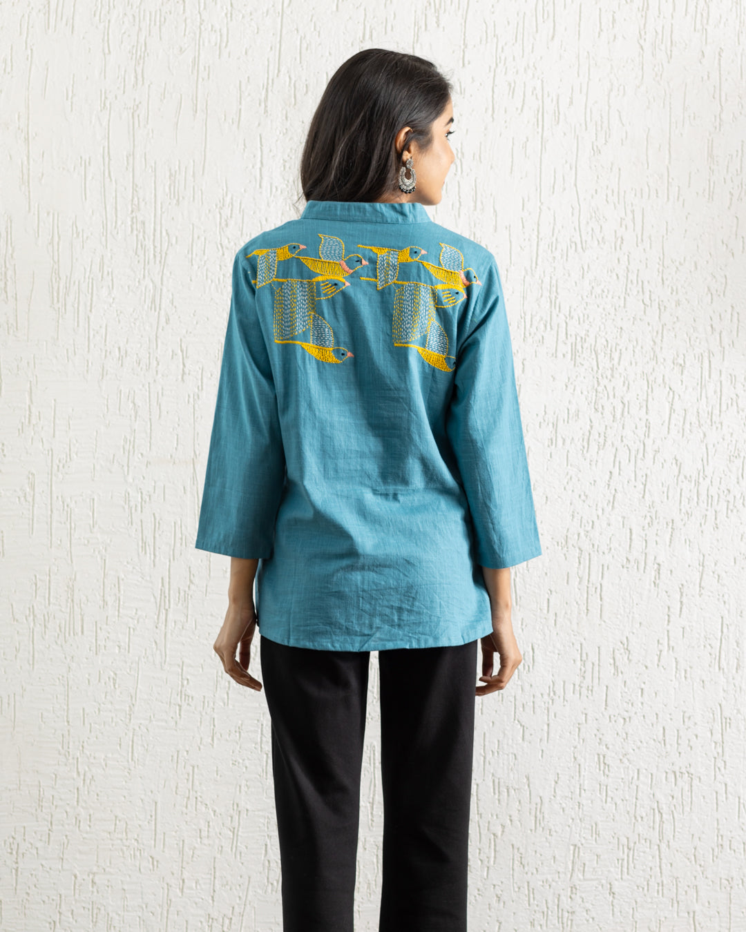 Plain Turquoise Blue Bird Embroidery Shirt