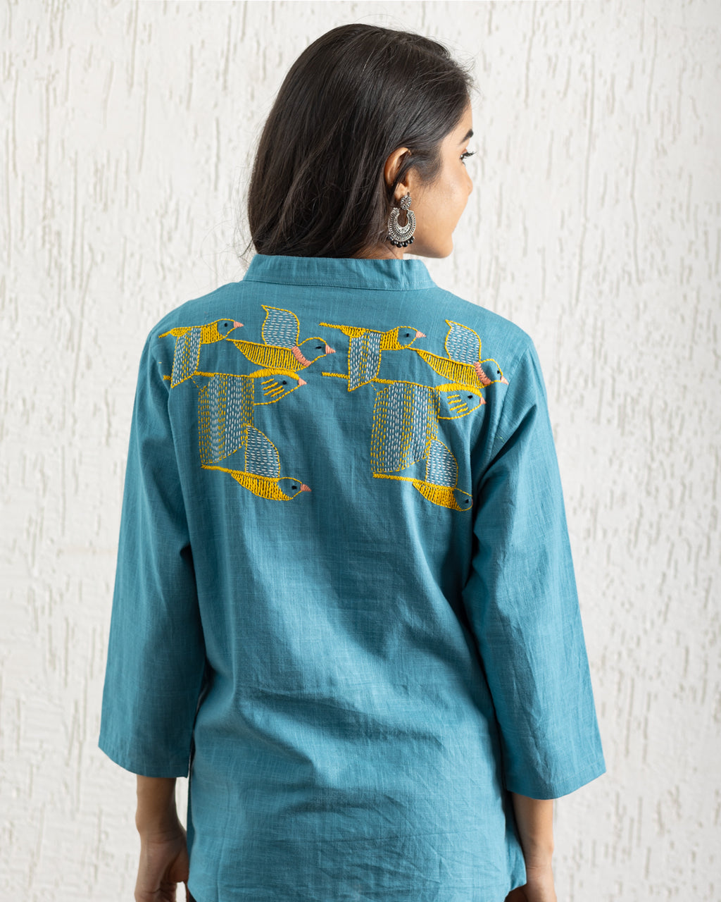 Plain Turquoise Blue Bird Embroidery Shirt