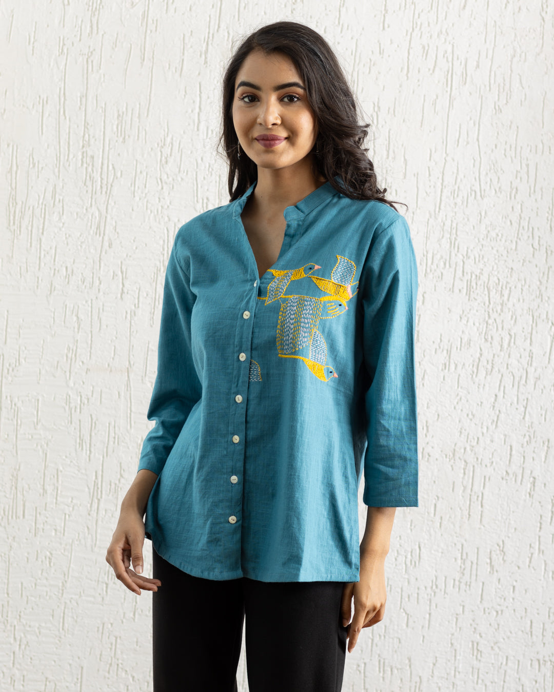 Plain Turquoise Blue Bird Embroidery Shirt