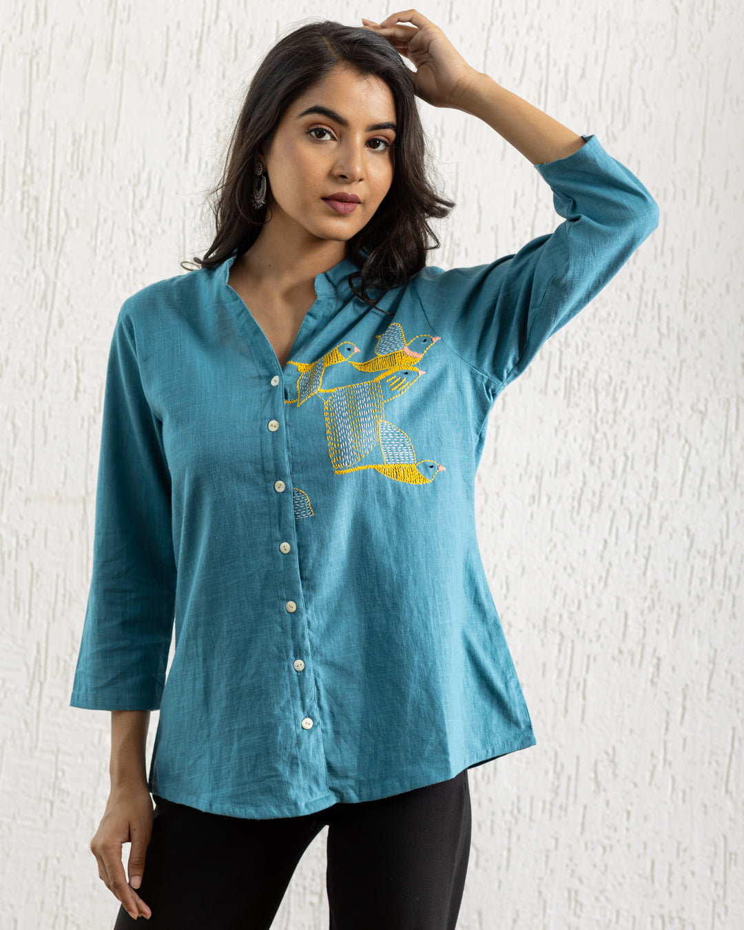 Plain Turquoise Blue Bird Embroidery Shirt