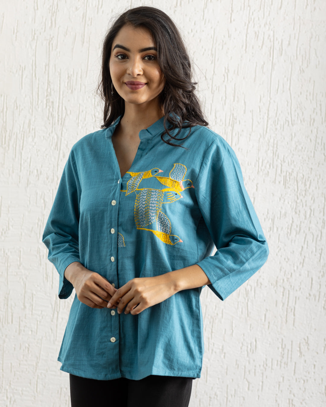 Plain Turquoise Blue Bird Embroidery Shirt