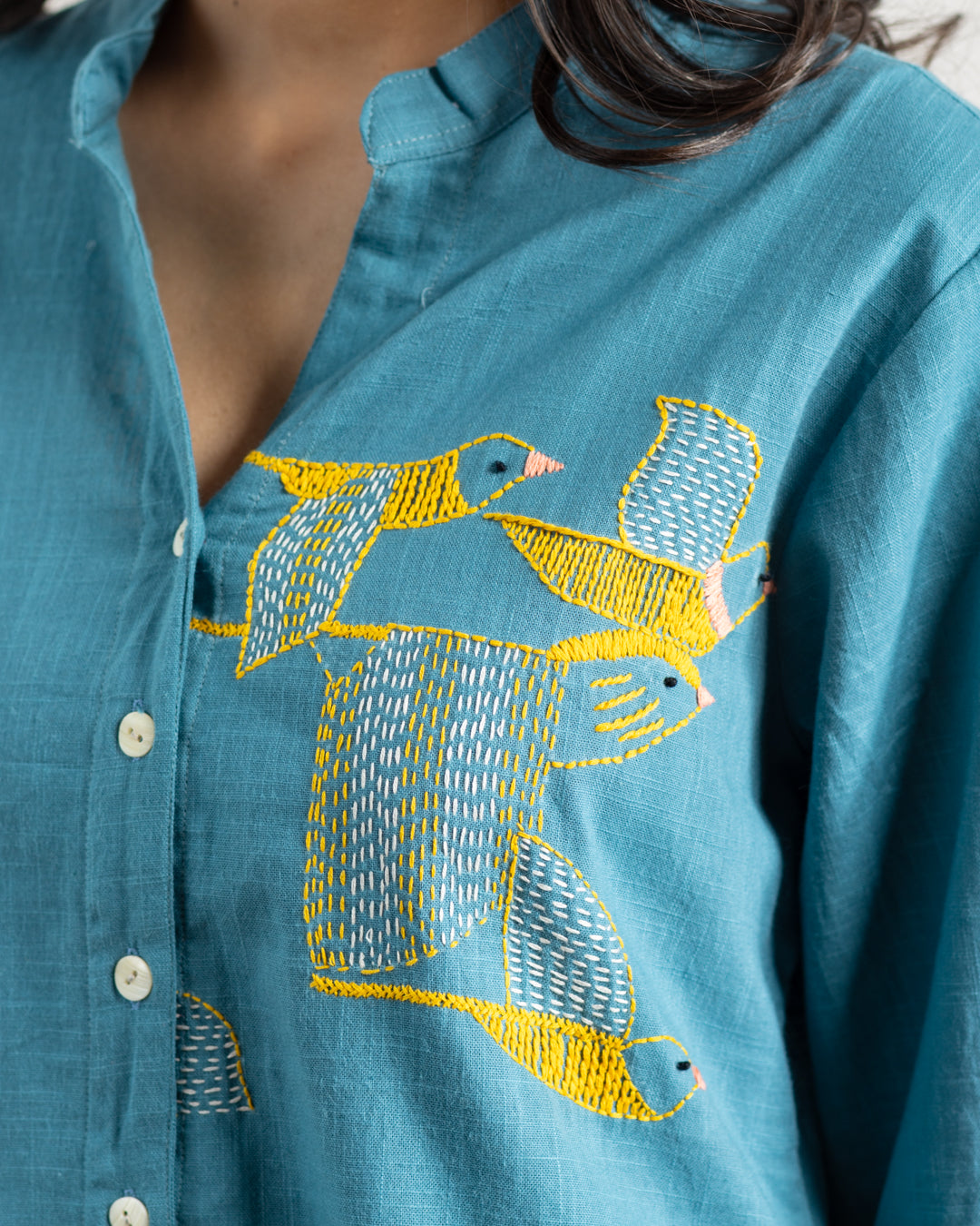 Plain Turquoise Blue Bird Embroidery Shirt