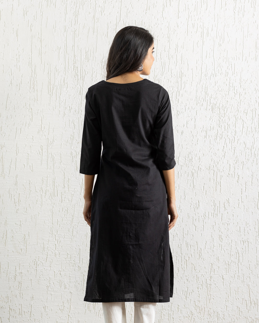 Plain Black Flowers Embroidery Kurta