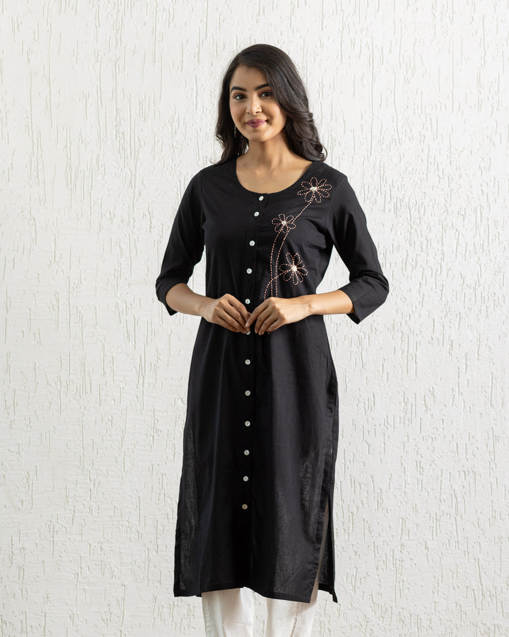 Plain Black Flowers Embroidery Kurta
