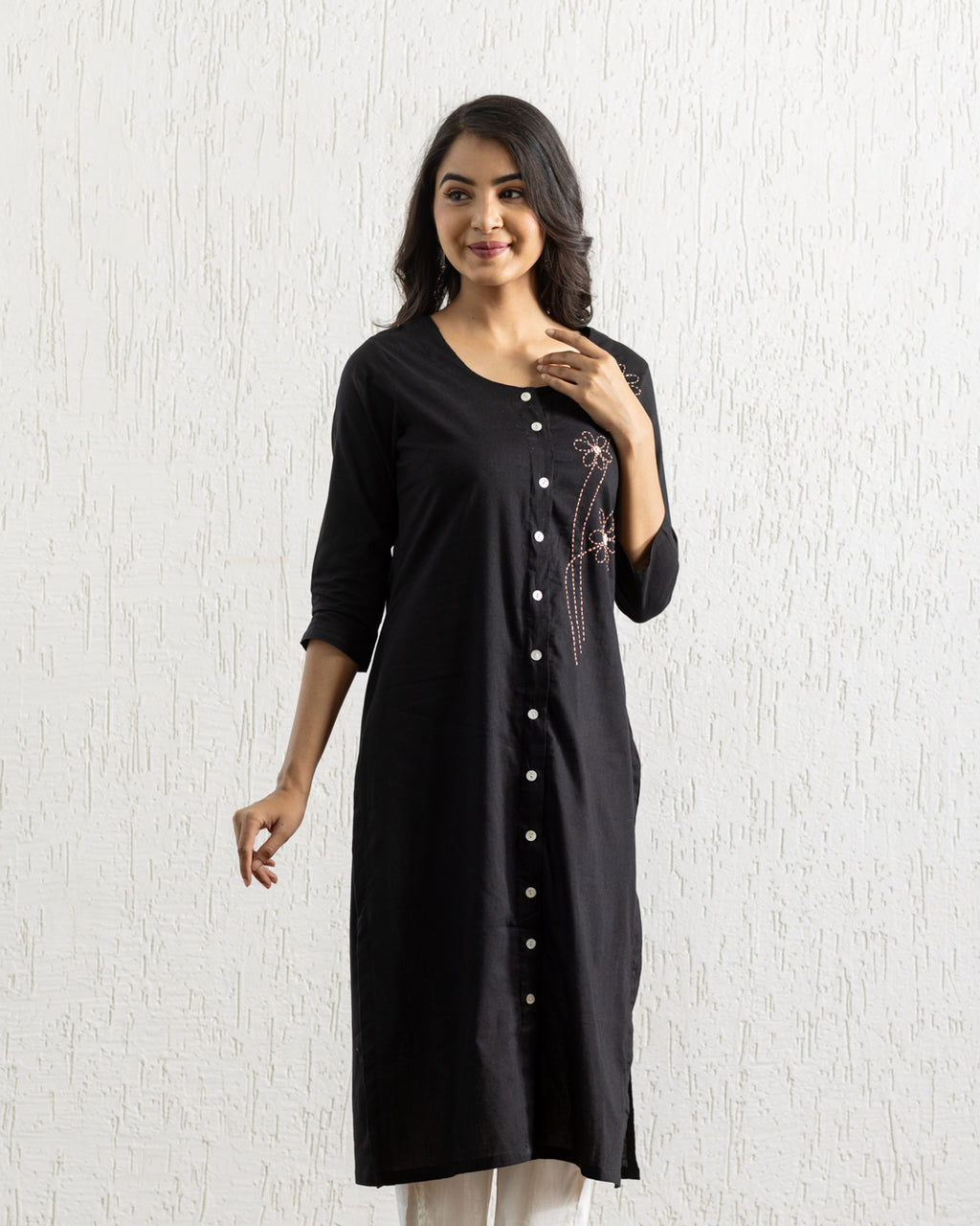 Plain Black Flowers Embroidery Kurta