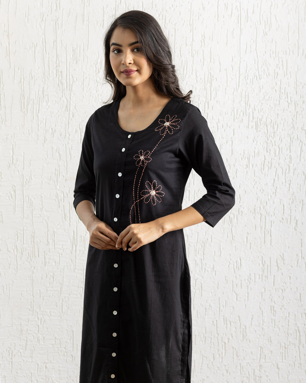 Plain Black Flowers Embroidery Kurta